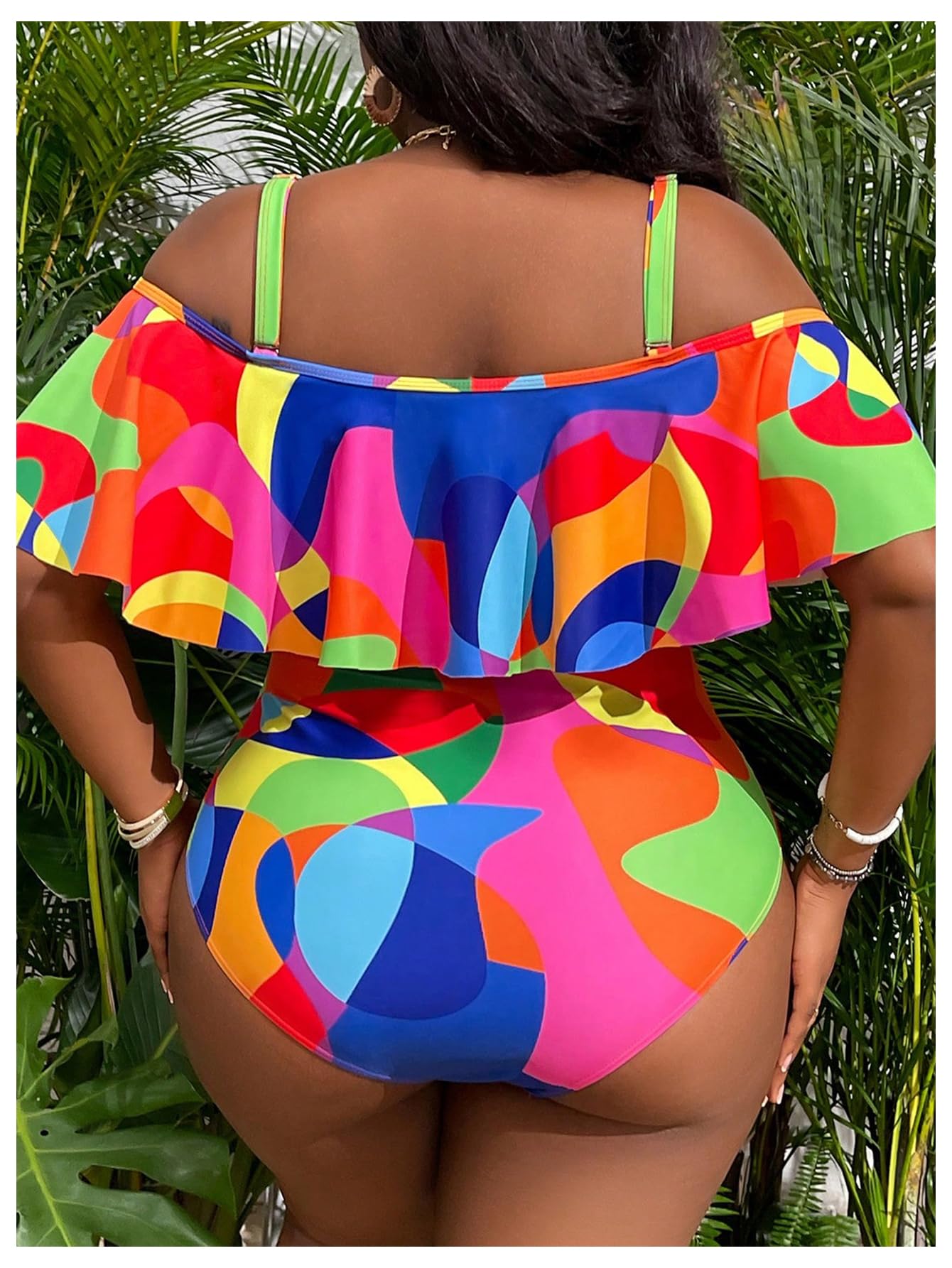 WDIRARA Women's Plus Size One Piece Swimsuit Color Block Ruffle Cold Shoulder Swimwear Multicolor X-Large Plus