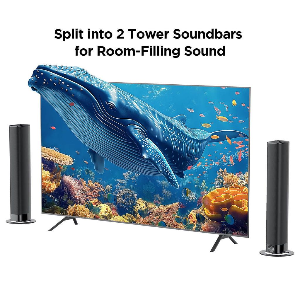Assistrust Sound Bar for Smart TV, Soundbar with Bluetooth/ARC/Opt/AUX Connect, Auto Volume Boost, 3 Equalizer Modes, 2 in 1 Detachable Soundbar for TV/PC/Gaming/Projectors