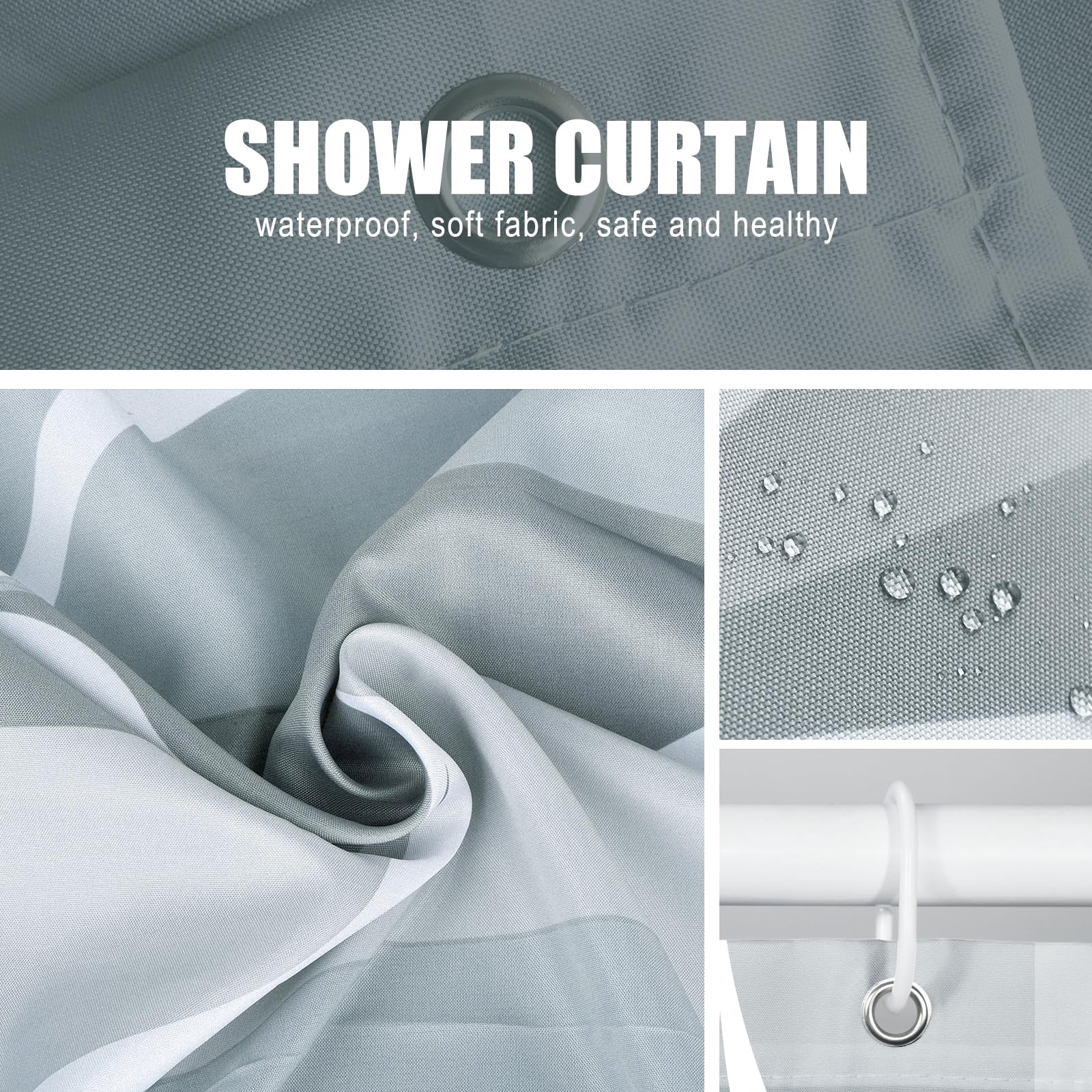 Gelbchu Grey Shower Curtain, Waterproof Design and Polyester, Quick-Drying, Weighted Hem, Shower Curtains Set for Bathroom W 72 x H 72, Machine Washable with 12 Hooks
