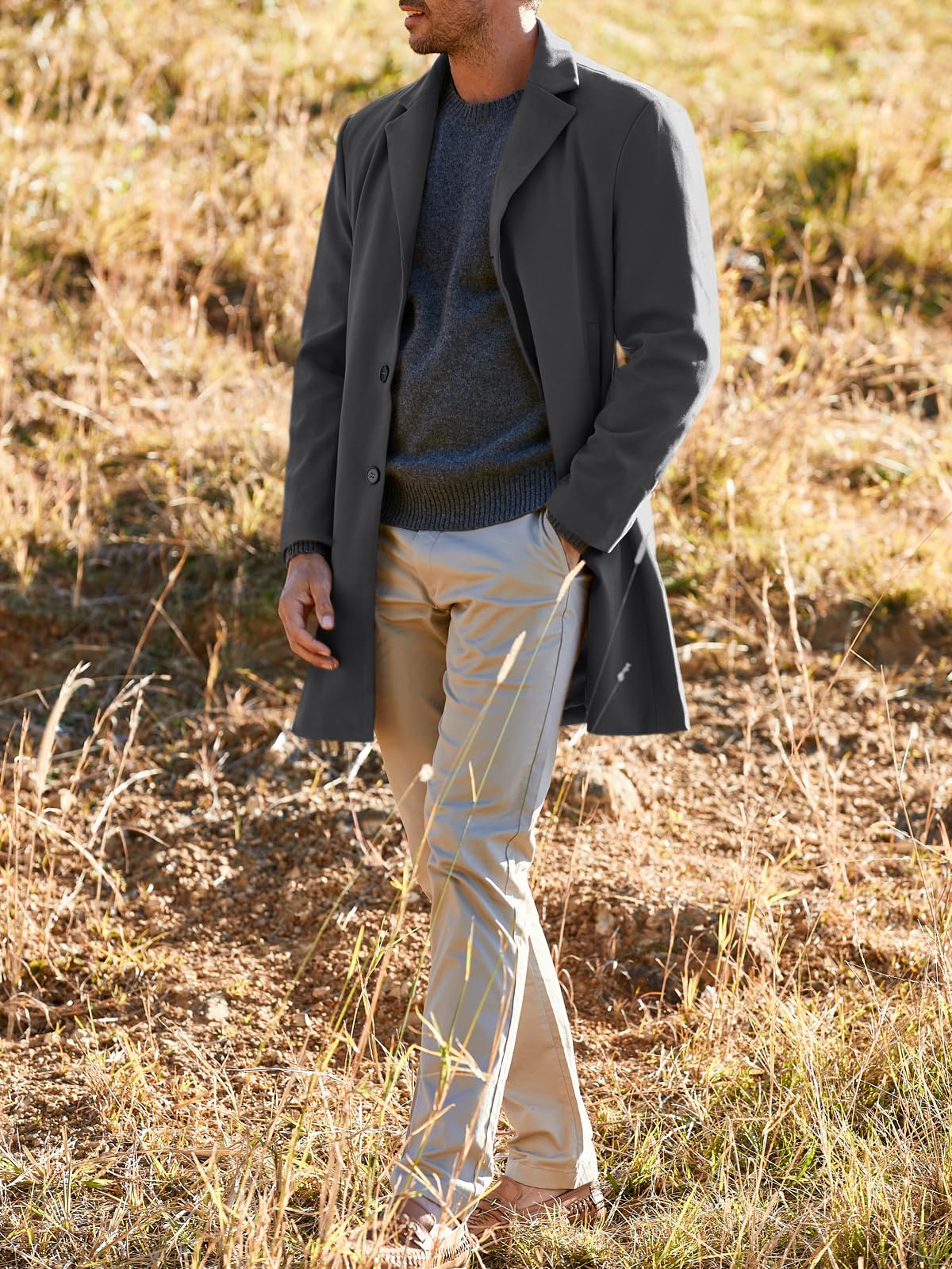 PASLTER Mens Trench Coat Slim Fit Notched Collar Fall Winter Single Breasted Pea Coat Warm Soft Overcoat