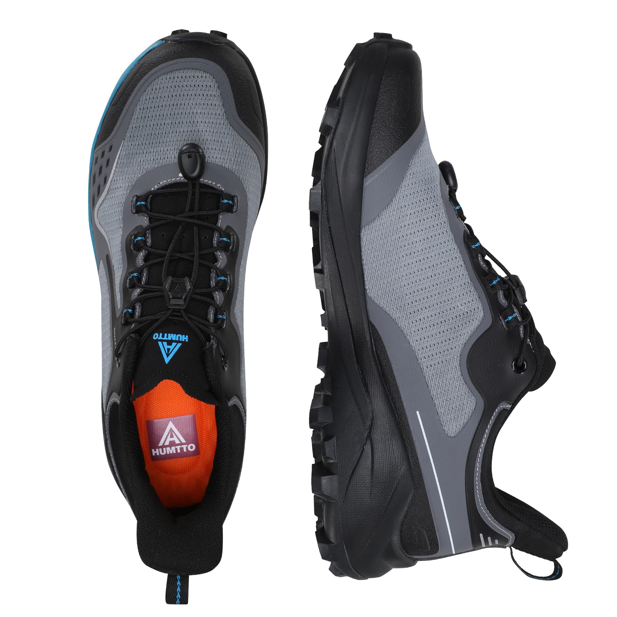 HUMTTO Men's Quick Laces Hiking Sneaker Lightweight Breathable Walking Outdoors Trail Running Shoes Grey/Black 13