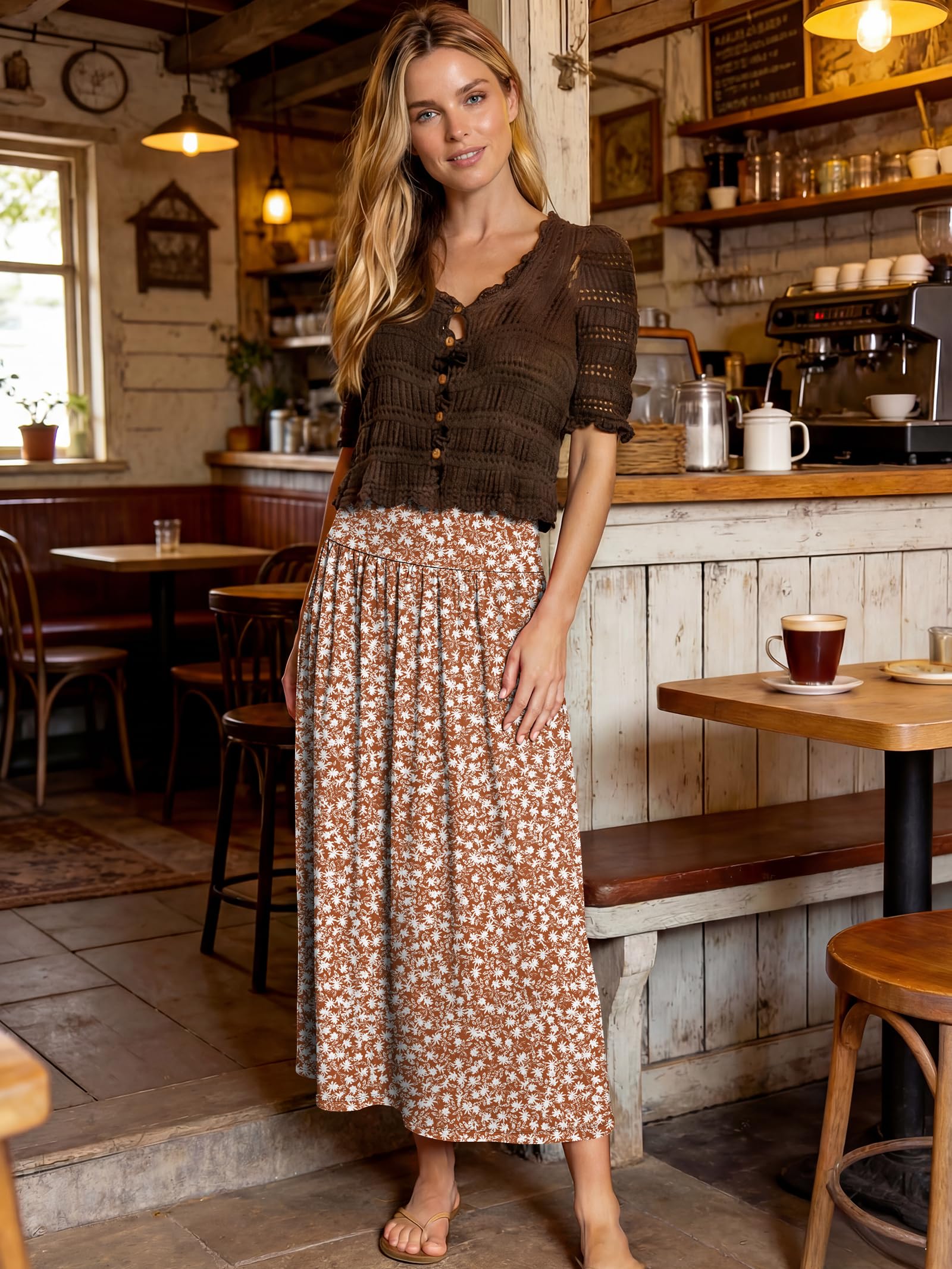 ANRABESS Maxi Skirts for Women Summer Trendy Elastic High Waisted Casual Boho Floral Slit Flowy Skirts with Pockets Fashion Floral Brown Small