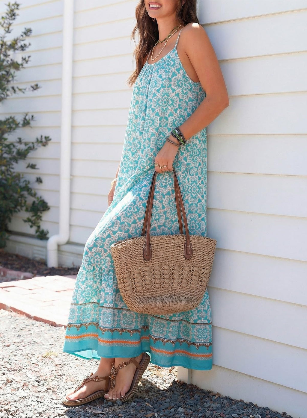 Dokotoo Summer Maxi Dress for Women U Neck Floral Boho Dress Sleeveless Spaghetti Strap Sun Dress Ruffle A Line Casual Dresses for Outgoing Beach Vacation Essentials Large Sky Blue