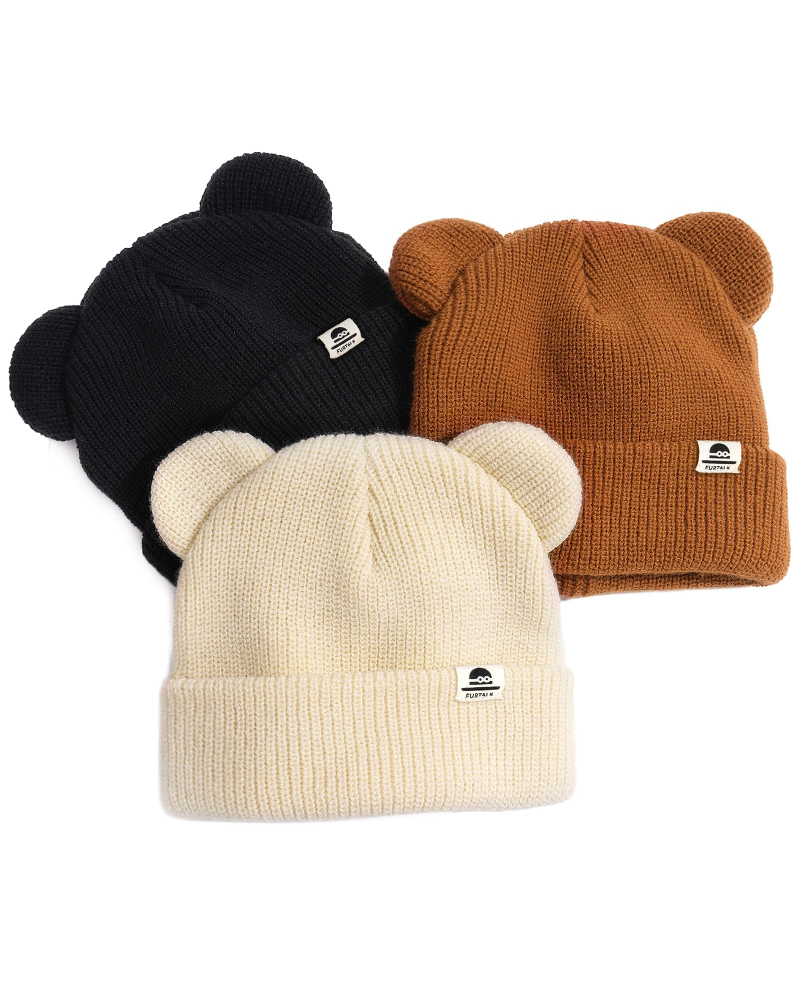 FURTALK Baby Beanie Winter Hat with Bear Ear for Infant Toddler Boys Girls Soft Knitted Skull Cap Black+Beige+Caramel 0-6 Months