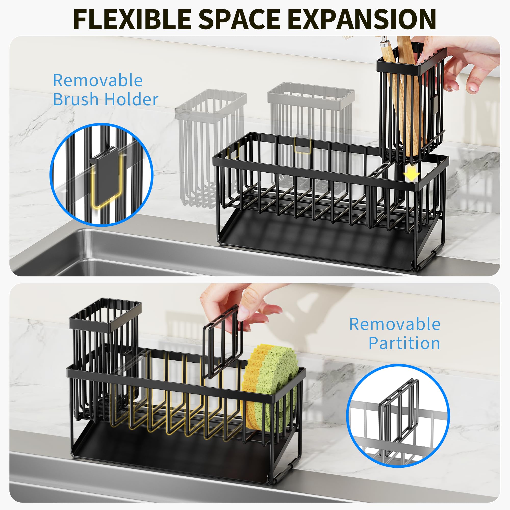 Cisily Sink Caddy Sponge Holder for Kitchen with Brush Holder and Stainless Steel Self Drain Tray, Rustproof Kitchen Sink Organizer for Sponge, Soap Dispenser Storage Accessories