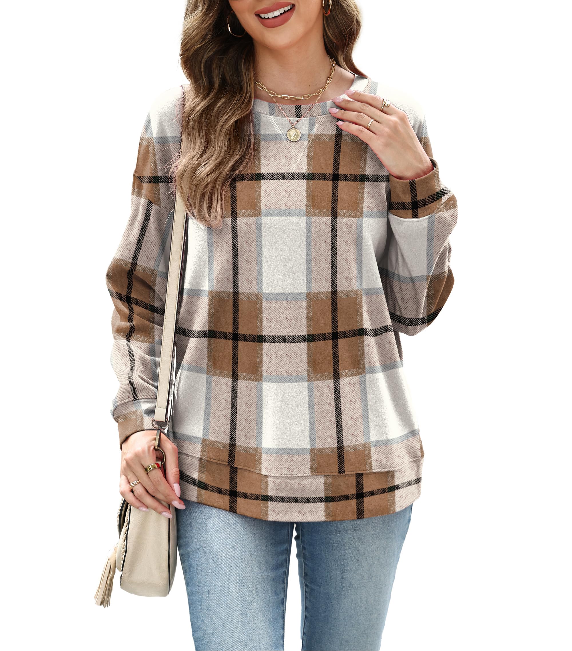 RUMIA Sweatshirt for Women Fall Fashion Clothes Crewneck Fall Outfits Tops for Women 2025 Ladies Pullover Long Sleeve T Shirts Trendy Beige Plaid L