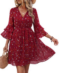 Bebonnie Dresses for Women 2026 Elegant Classy: Curvy Women 3/4 Ruffle Sleeve Spring Summer Wrinkle Free Flowy Boho Dress Chiffon Formal Beach Vacation Wedding Graduation Mini Dresses Multi Red XXL