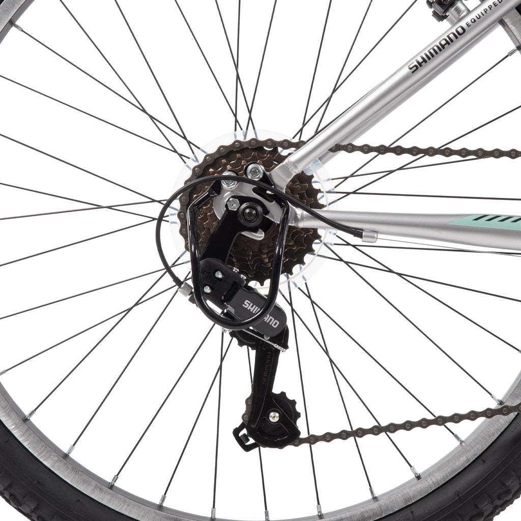 Huffy Stone Mountain Womens 24 Inch Mountain Bike, Metallic Nickel Frame, 21-Speed Shimano Twist Shifting, Front Suspension, Comfort Saddle | 20"/24"/26" Sizes, 6-21 Speeds, Dual Suspension Available