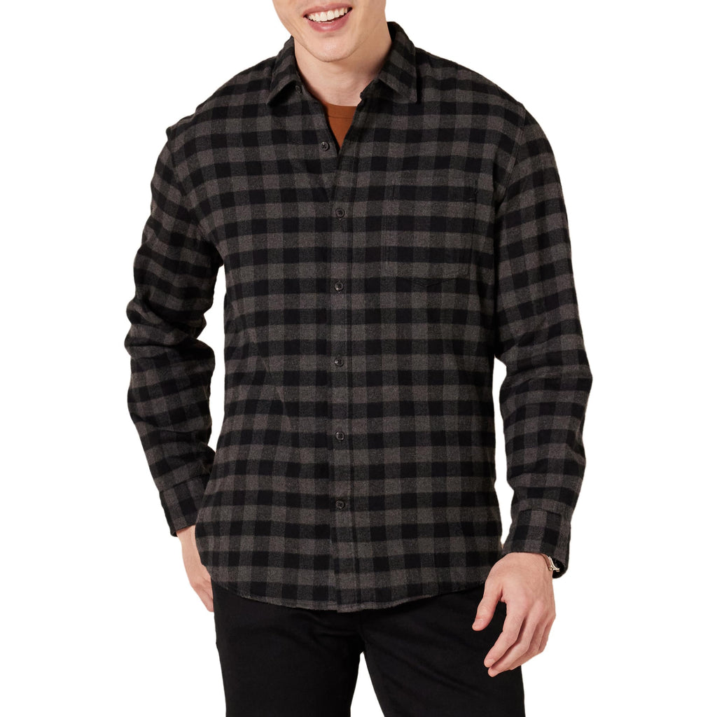 Amazon Essentials Men's Regular-Fit Long-Sleeve Flannel Shirt (Available in Big & Tall), Charcoal Buffalo Plaid, XX-Large