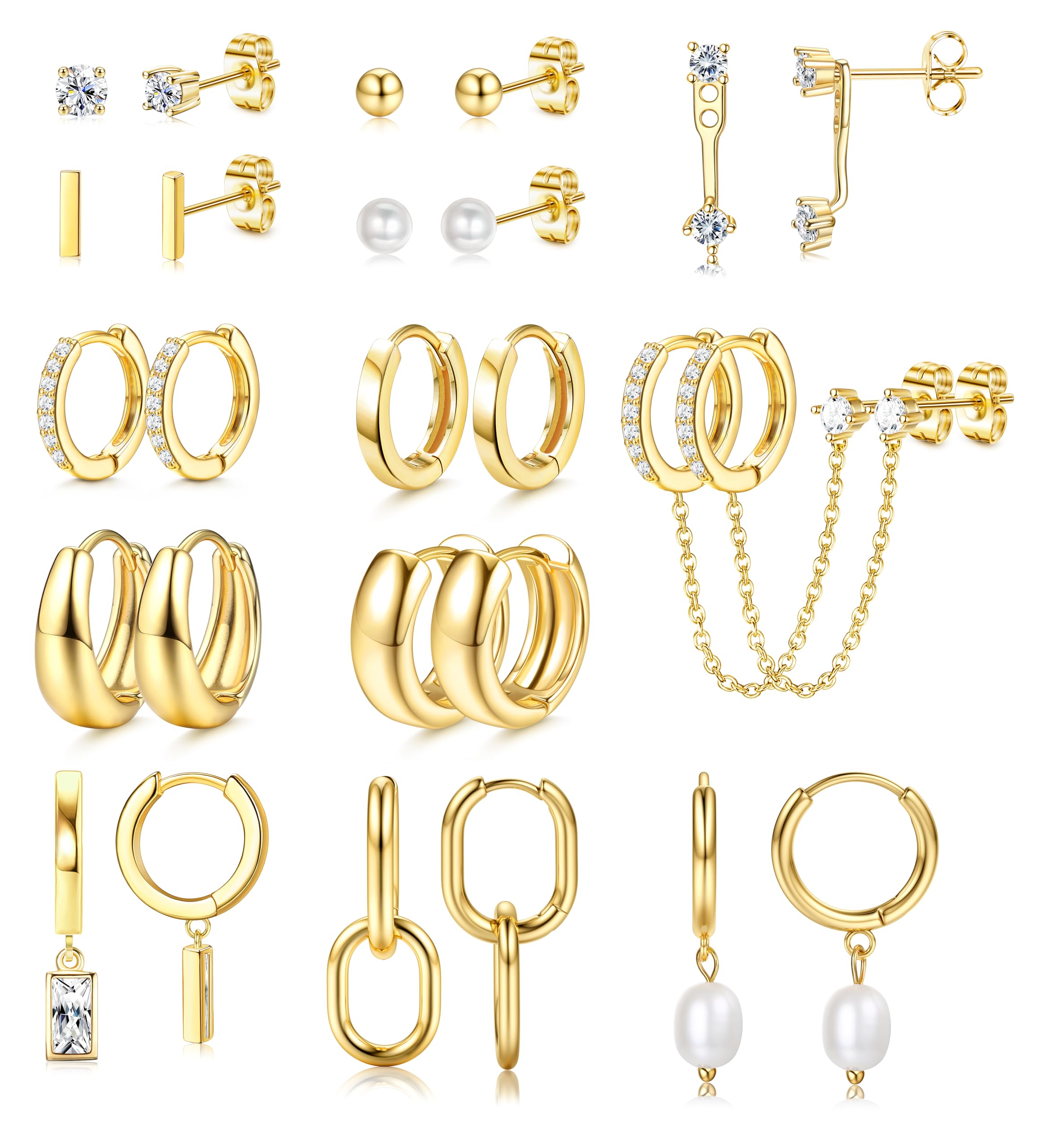 BESTEEL 13 Pairs Small Stud Hoop Earrings Set for Women Hypoallergenic 14K Gold Plated Dainty Huggie Hoops Lightweight Earrings for Gift