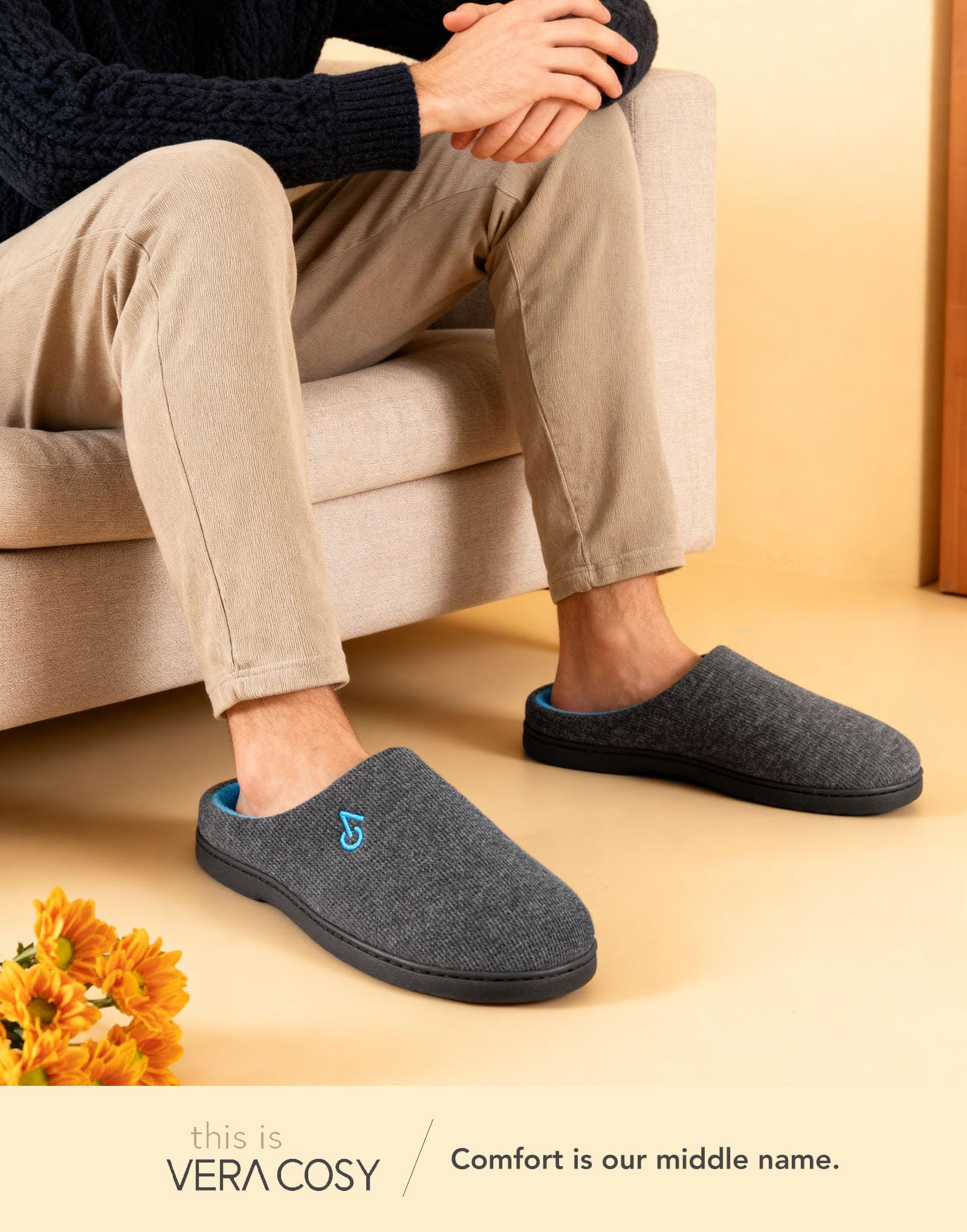 VeraCosy Men's Two-Tone Memory Foam House Slippers Indoor Outdoor Durable Rubber Sole (Dark Gray/Blue, 11-12 US)