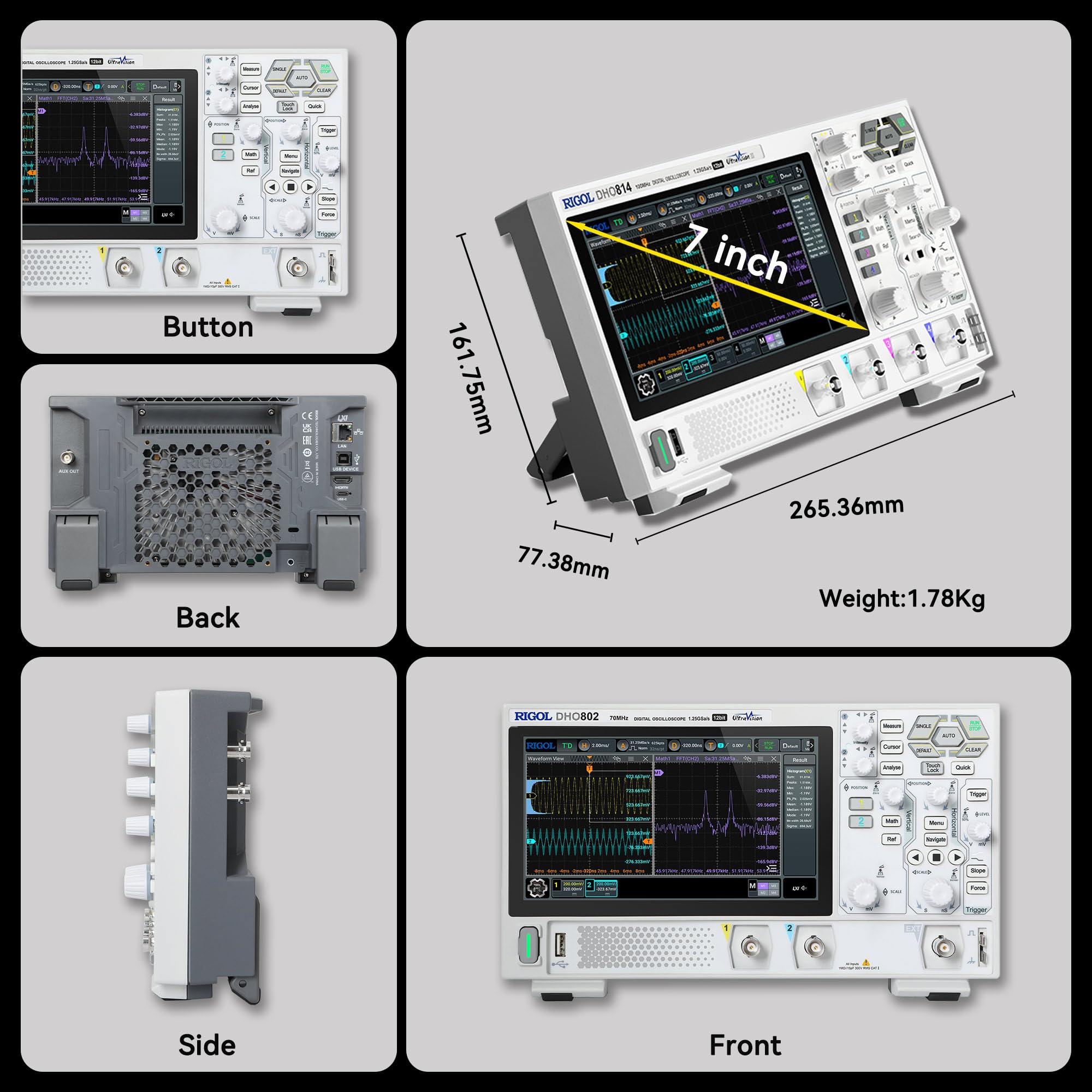 RIGOL Digital Oscilloscope DHO802 70 MHz 2-Ch + EXT Trig 1.25 GSa/s 12-bit 25 Mpts UltraAcquire 1,000,000 wfms/s 7" Touch LAN/USB/HDMI Web Control SCPI for Troubleshooting MCU CAN