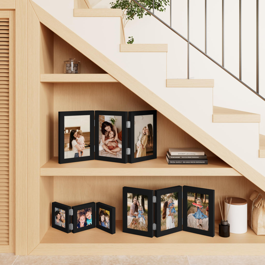 decorUhome Triple 4x6 Picture Frame Vertical, Engineered Wood Trifold Photo Frame with Plexiglass for Tabletop Display, 4x6, Black