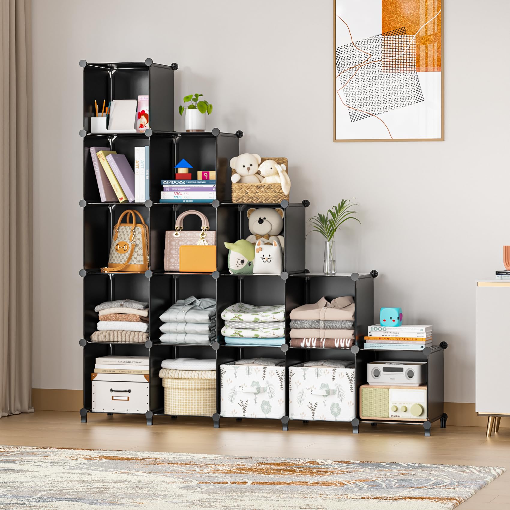 Neprock 16 Cubby Storage Organizer, Closet Clothes Storage Organizer, Cube Shelves Closet Organizers and Storage Shelves for Clothing Storage with Hammer, Bookshelf for Kids（Black）