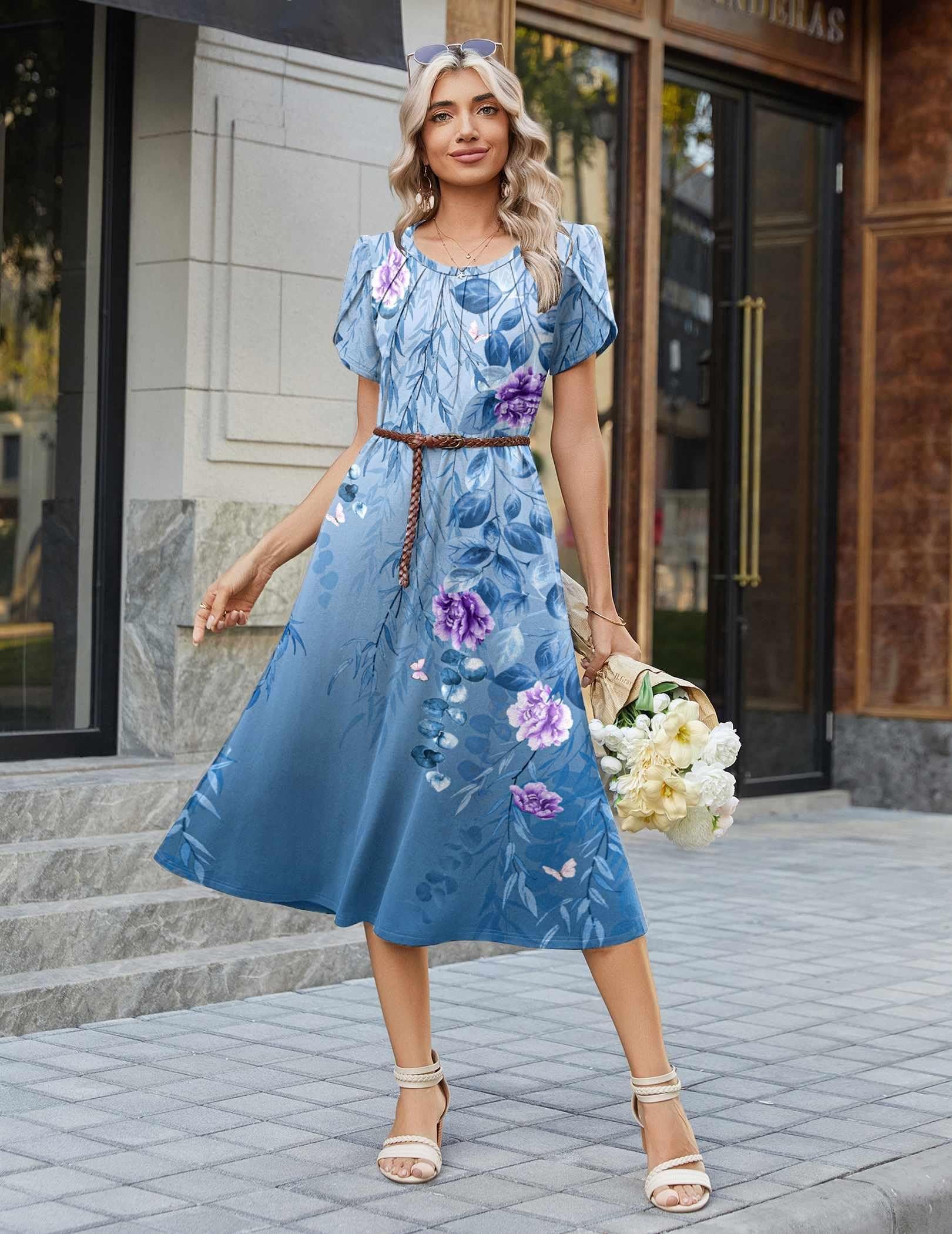 Zeagoo Summer Dresses for Women 2026 Casual Pleated Dresses Floral Midi Dress Womens Empire Waist Dress Floral Sundress, Blue Printed 01 XL