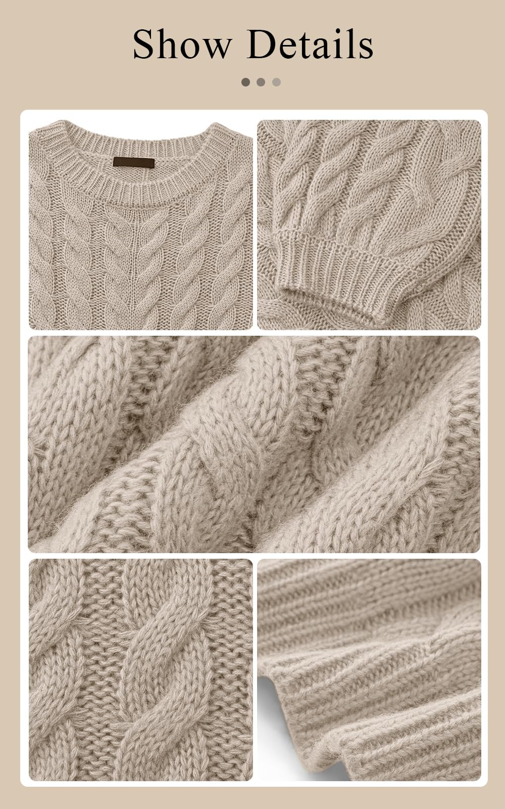 PRETTYGARDEN Womens Sweaters Fall 2026 Cable Knit Long Sleeve Crewneck Oversized Sweater Chunky Pullover Loose Outfits (Khaki, X-Large)