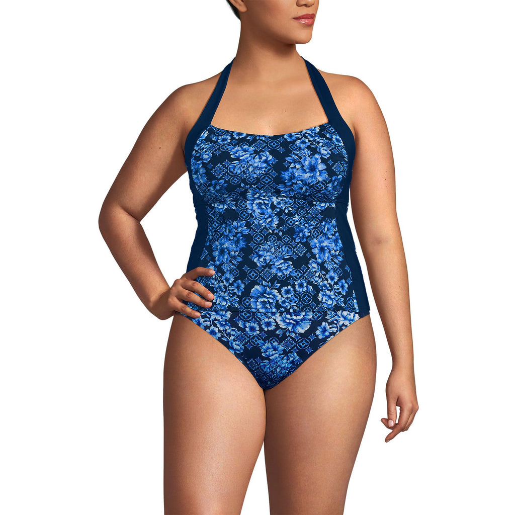 Lands' End Women's Seamed Halter Tankini Top 2 Deep Sea Navy Mosaic Floral