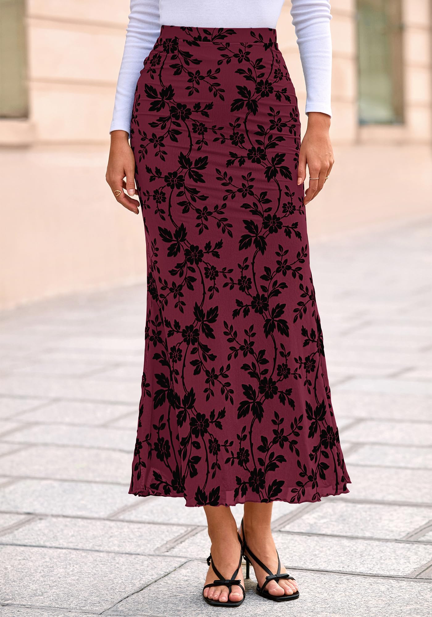 BTFBM Womens Floral Mesh Maxi Skirt 2026 Spring Summer Elastic High Waisted Boho Elegant Mermaid Long Skirts for Women(Burgundy, Medium)