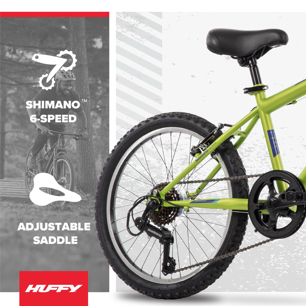 Huffy Stone 20 Inch Mountain Bike, Matte Lime Frame, 6-Speed Shimano Twist Shifting, Front Suspension, Comfort Saddle, 20"/24"/26" Sizes, 6-21 Speeds, Dual Suspension Available