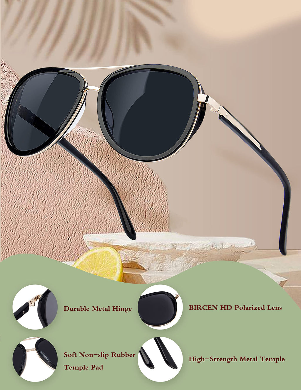 BIRCEN Polarized Sunglasses for Women UV - Protection Womens Retro Mirrored Shades with Acetate Frame BC2001