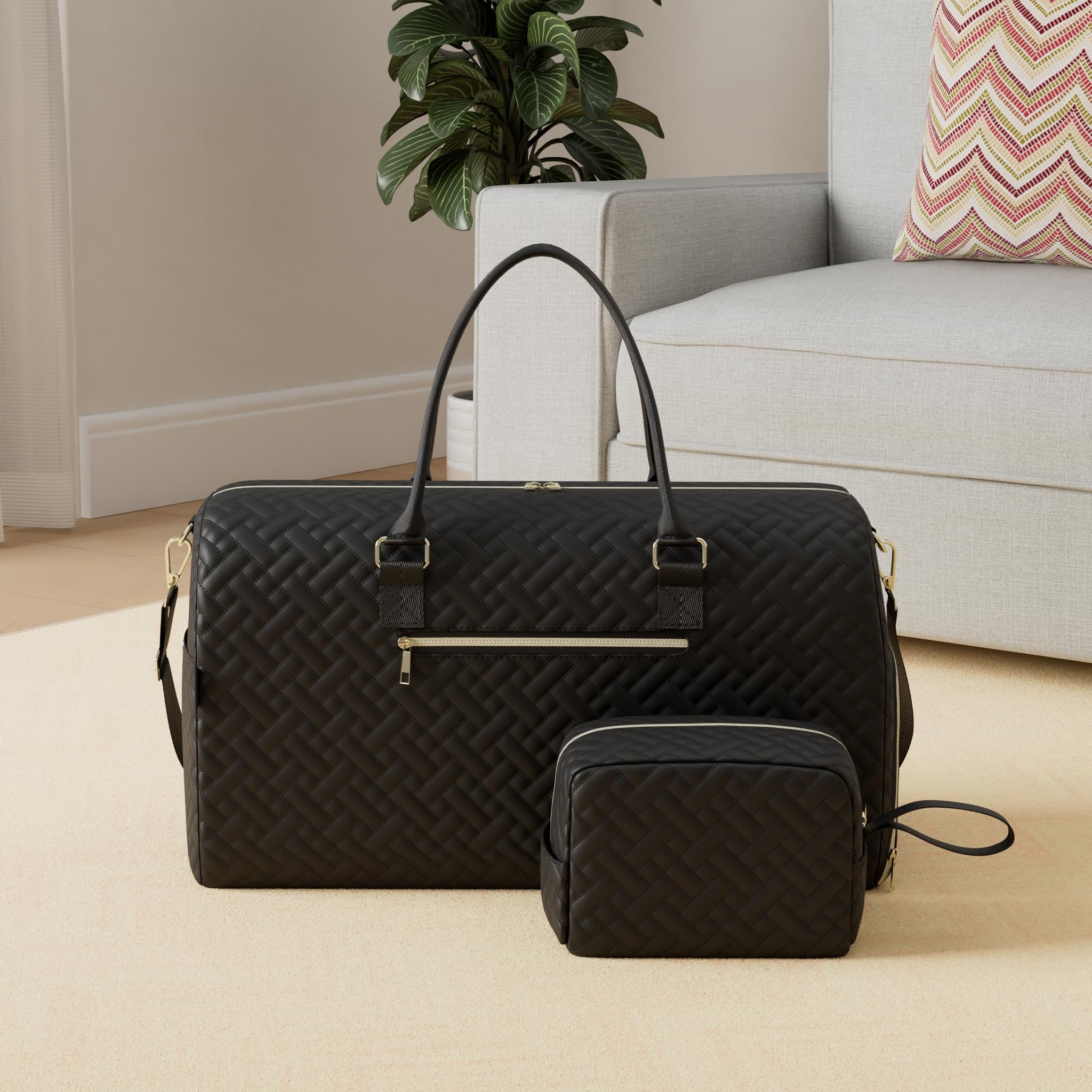 Duffle Bag for Travel, Weekender Bag with Shoe Compartment, Carry On Overnight Bag for Women with Toiletry Bag, 50L Gym Bag with Wet Pocket, Hospital Bags for Labor and Delivery Black Gold