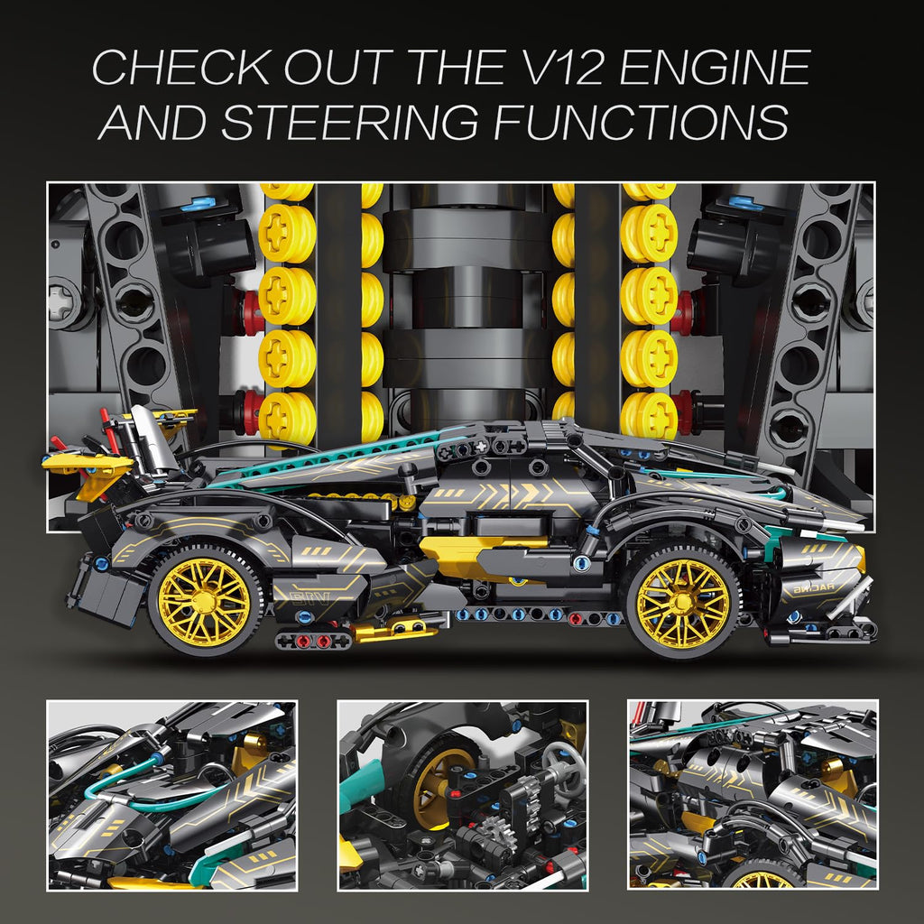 JSINMA Technic Sports Car Building Blocks Toys Boys or Adults Kits 1:14 MOC Lambo V12 Building Set Speed Champions Raceing Car Model Vehicle Set for 10 12 14+ Year Boys(1012pcs)