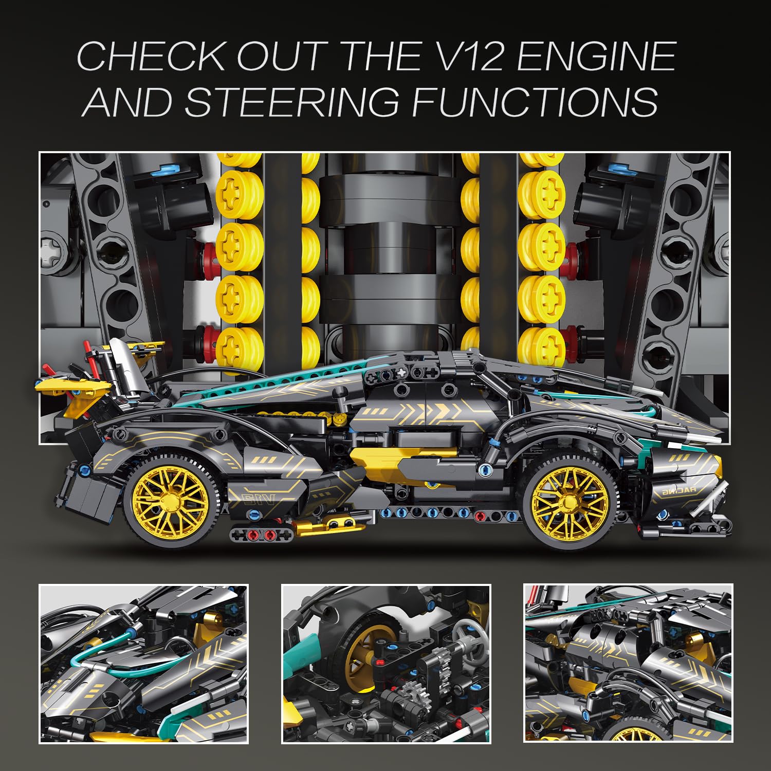 JSINMA Technic Sports Car Building Blocks Toys Boys or Adults Kits 1:14 MOC Lambo V12 Building Set Speed Champions Raceing Car Model Vehicle Set for 10 12 14+ Year Boys(1012pcs)