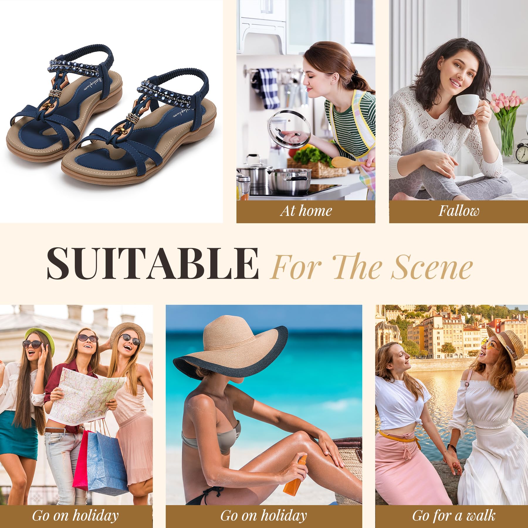 Littleplum Womens Sandals Arch Support Slingback Rhinestone Dressy Sandals Comfort Summer Shoes Ankle Strap Elastic Flats for Beach Walking Stylish Navy Blue Size 6