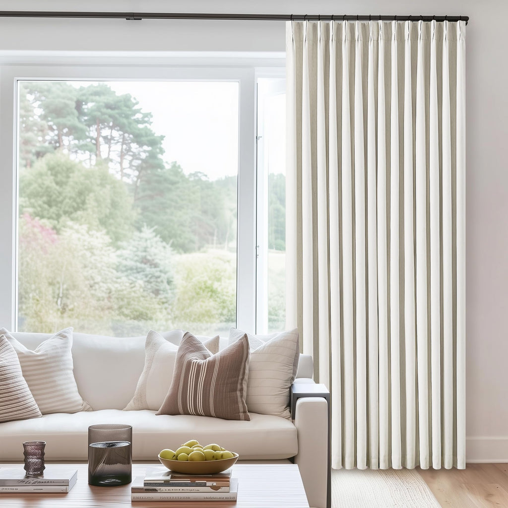 Natural Linen 100% Black Out Pinch Pleated Curtains 108 Inches Long 2 Panels Set for Bedroom Cream Back Tab Thermal Insulated Energy Efficient Blackout Curtains Living Room High Ceiling Length 9 Ft