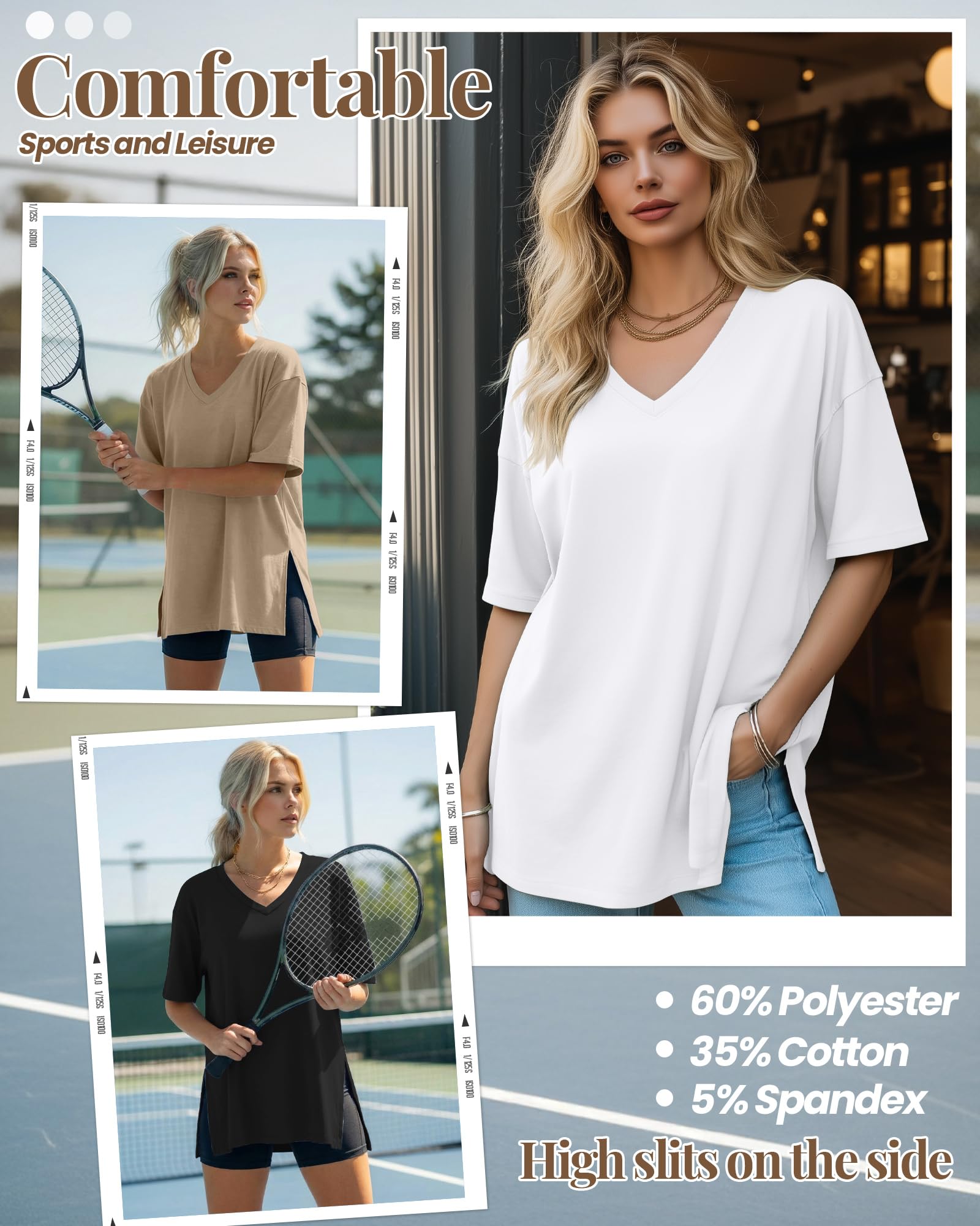 Huukeay 3 Pack Oversized Shirts for Women V Neck Workout T Shirt Casual Side Split Tee Short Sleeve Loose Tops Tunic Tops(Black, White, Khaki,Medium)