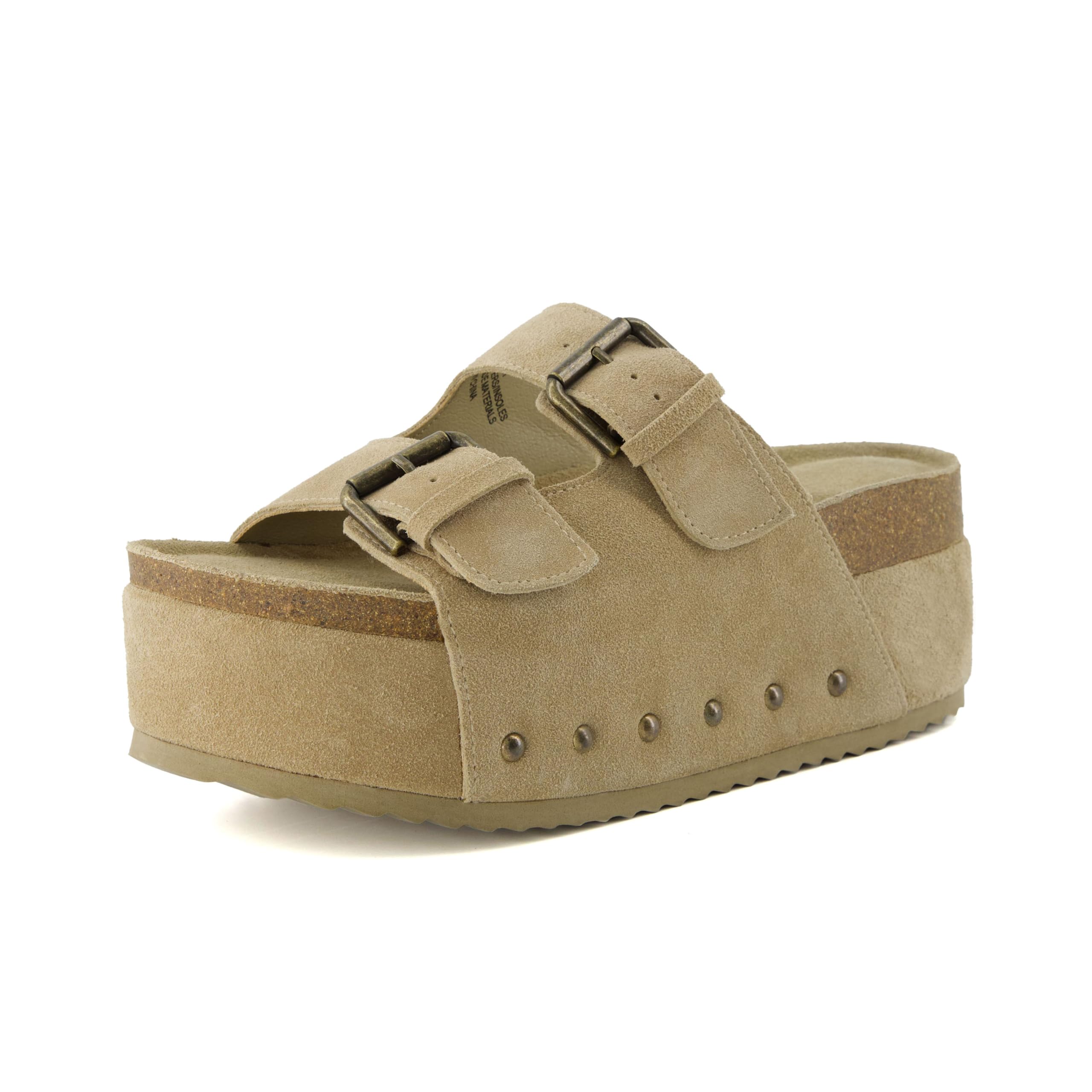 CUSHIONAIRE Guru Platform Sandals Women Footwear – Comfortable Genuine Leather Footbed Studded Chunky Slide Summer Sandals for Women 2026, KHAKI 6.5W