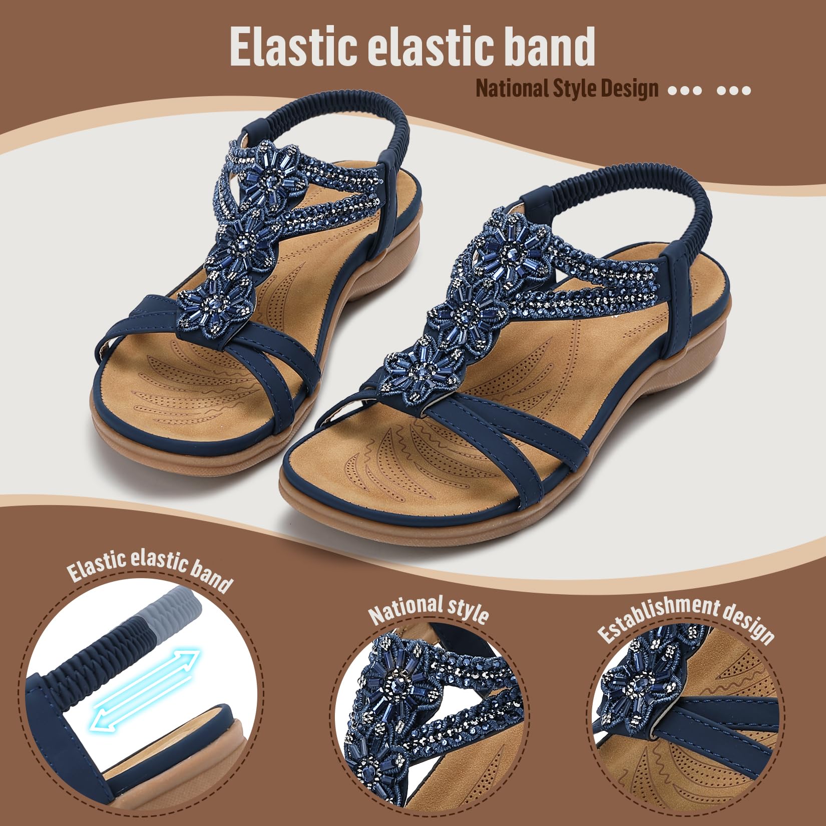 Littleplum Sandals for Women Arch Support Women's Summer Fashion Non Slip Beach Sandals Comfort Comfortable Walking Orthopedic Bohemian Flip Flops Womens Sandals Blue Size 9
