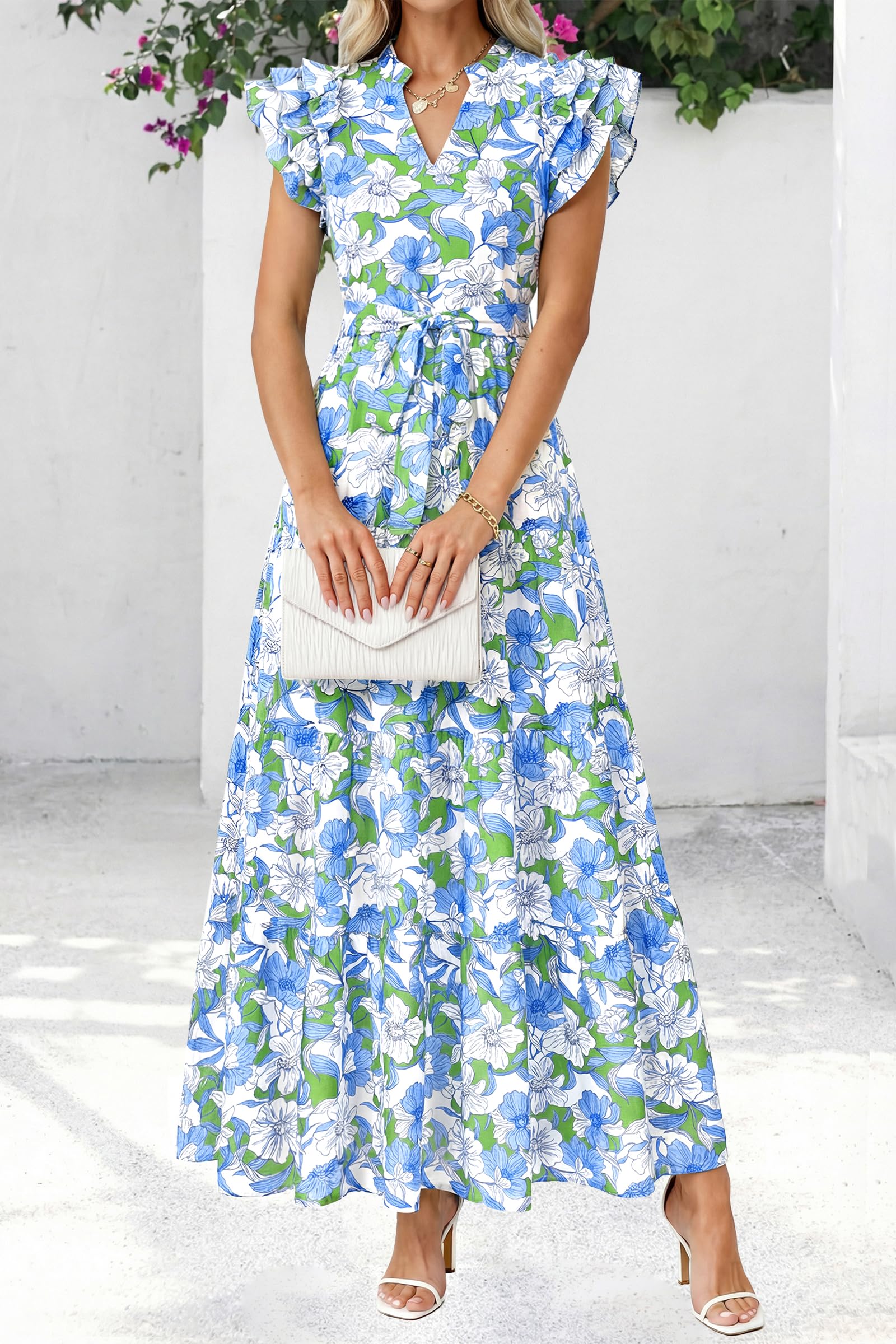 dowerme Women Summer Maxi Dresses 2026 Ruffle Sleeve V Neck Floral Boho Long Dress Belted Tiered Sundress with Pockets(Floral White Multicolored,Small)