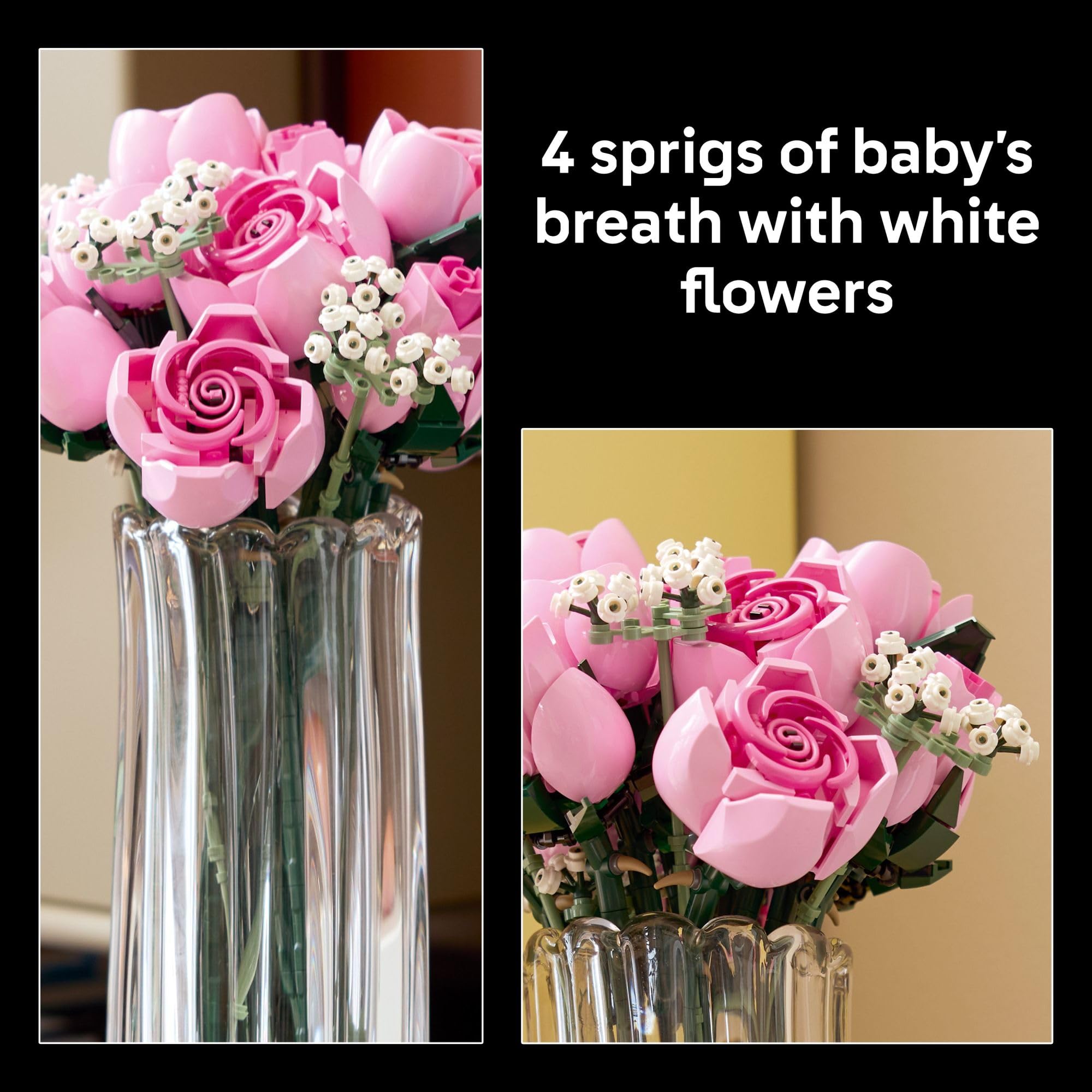 LEGO Botanicals Bouquet of Pink Roses Artificial Flowers - Building Blocks for Adults, Ages 18+ - Gifts for Birthdays for Her - Flowers for Home Office, Shelf or Room Decor - 10374