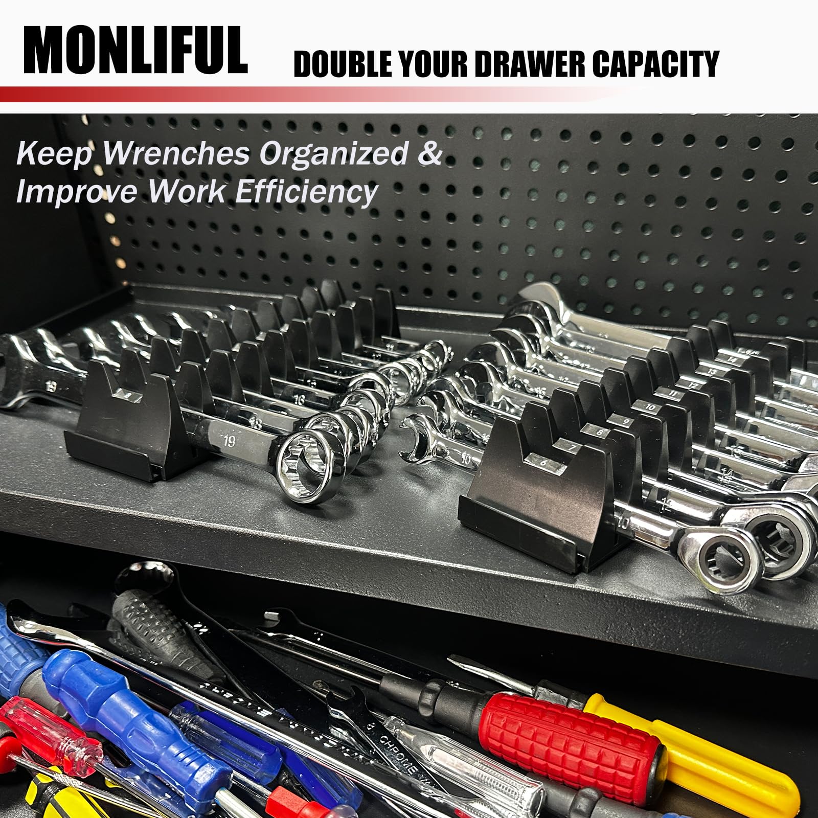 Monliful 84 pcs Magnetic Modular Wrench Organizer Wrench Holder - Wrenchs Tool Organizers for Tool Drawer Storage, Wrenchs Rack with Metric SAE Labels, Tool Storage Set Holder Festival Mechanics pcs