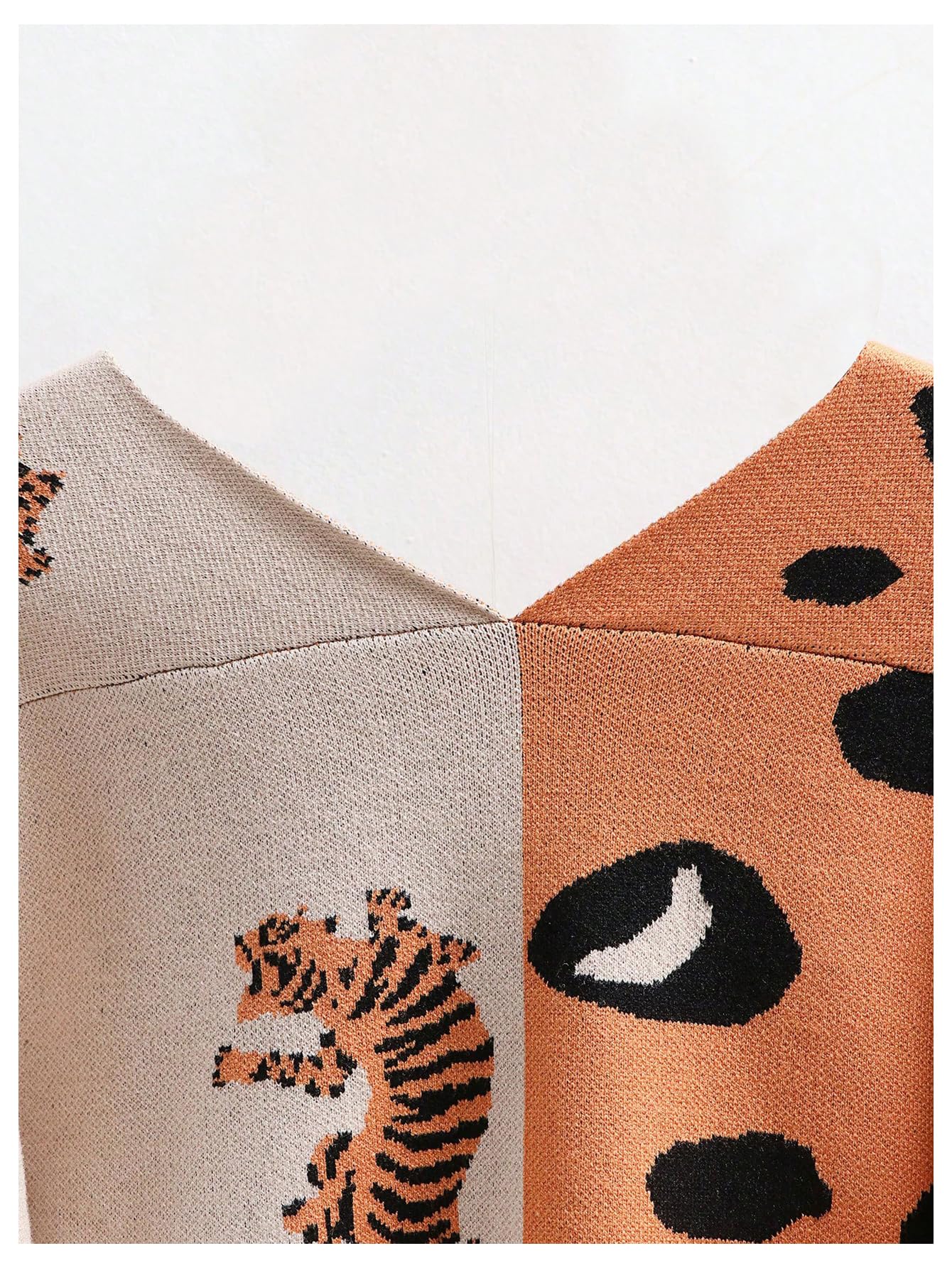 WDIRARA Women's Leopard Tiger Print Cardigan V Neck Long Sleeve Color Block Button Down Sweater Outwear Orange Medium