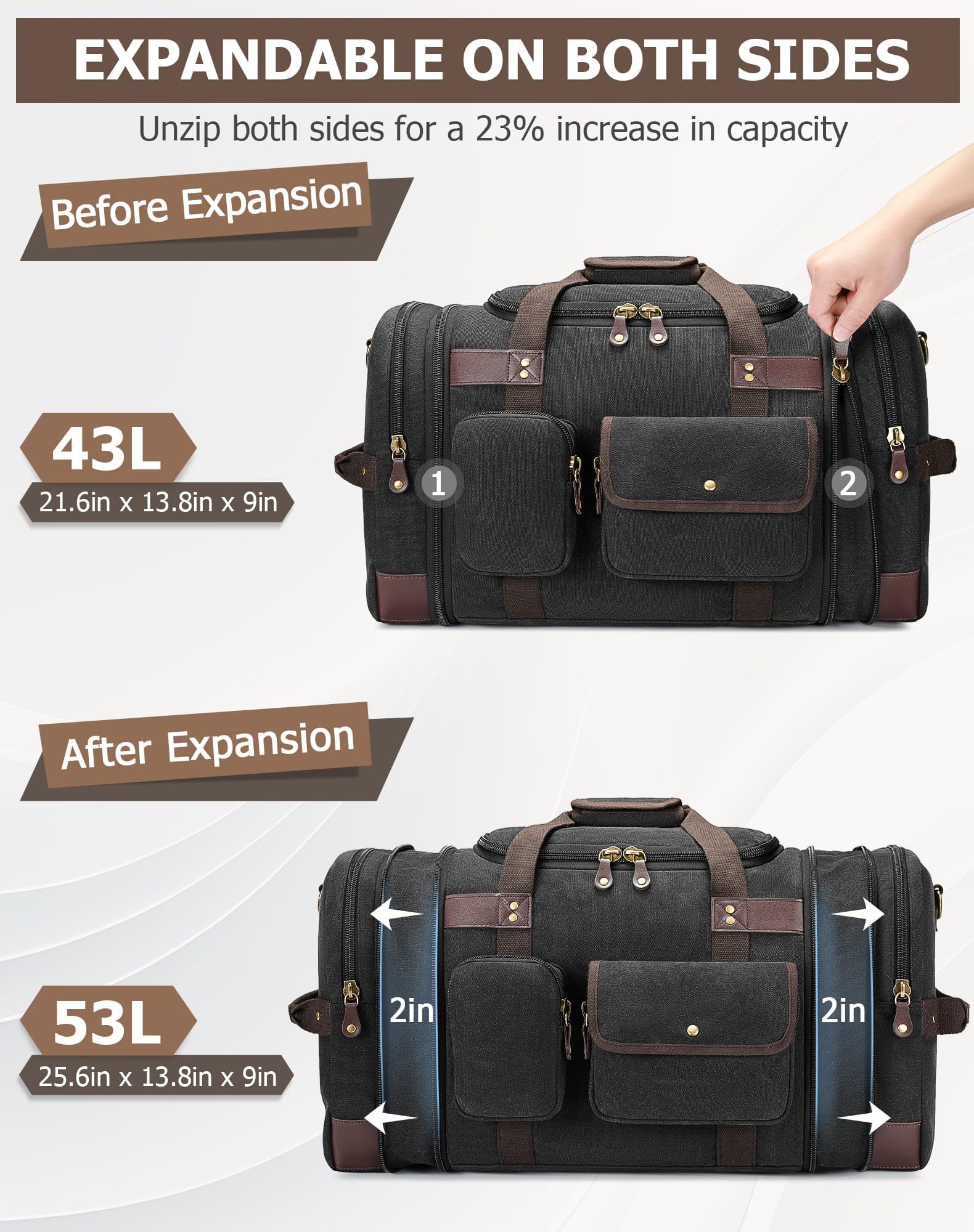 HNCTINNO Duffle Bag for Travel, 50L Carry On Duffle Bag for Airplanes, Canvas Overnight Weekender Bag for Men and Women