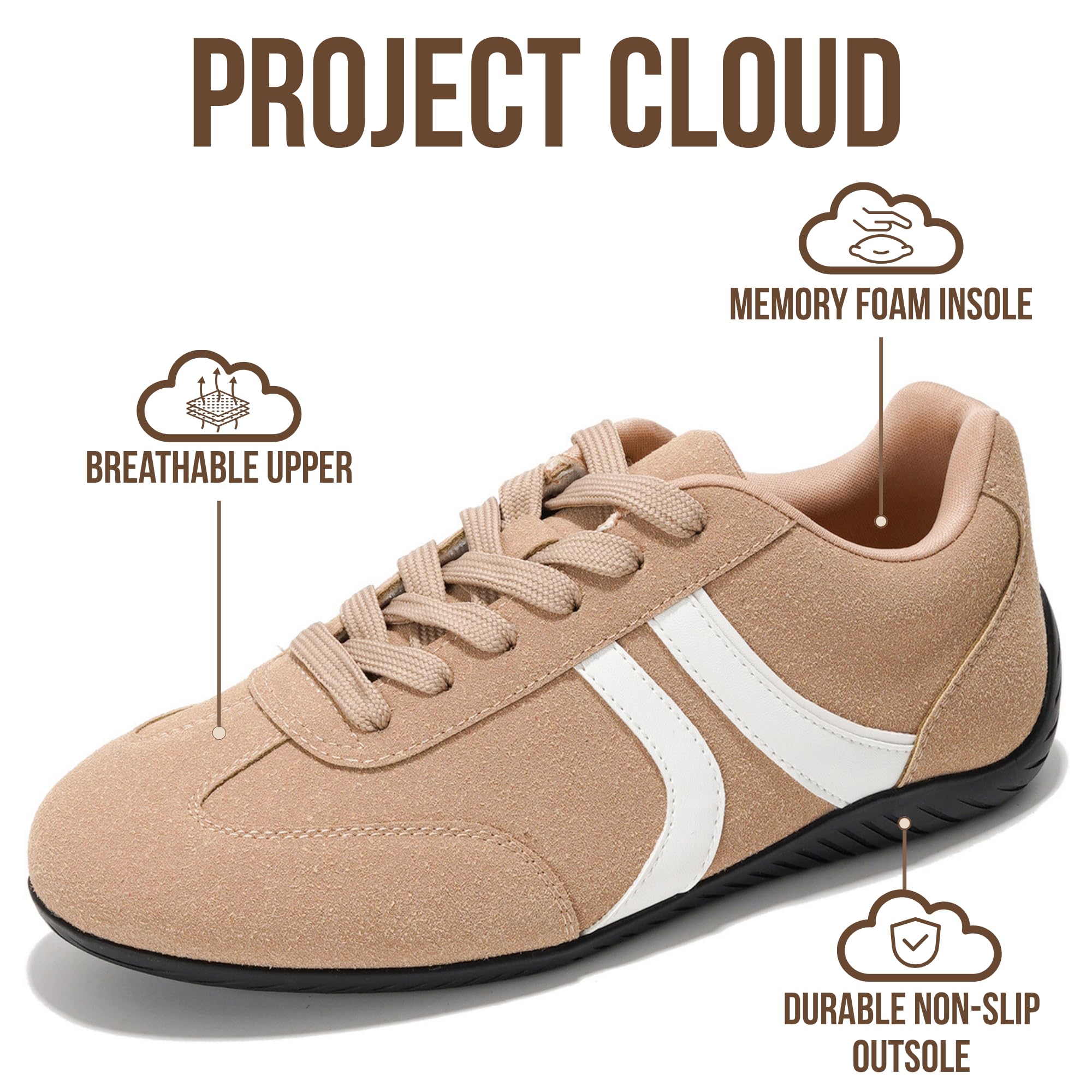 Project Cloud Barefoot Shoes Women – Memory Foam Lace-Up Womens Sneakers – Lightweight & Non Slip Womens Shoes Casual – All-Day Women's Fashion Sneakers for 2026 (Goal, TAN, 5.5)
