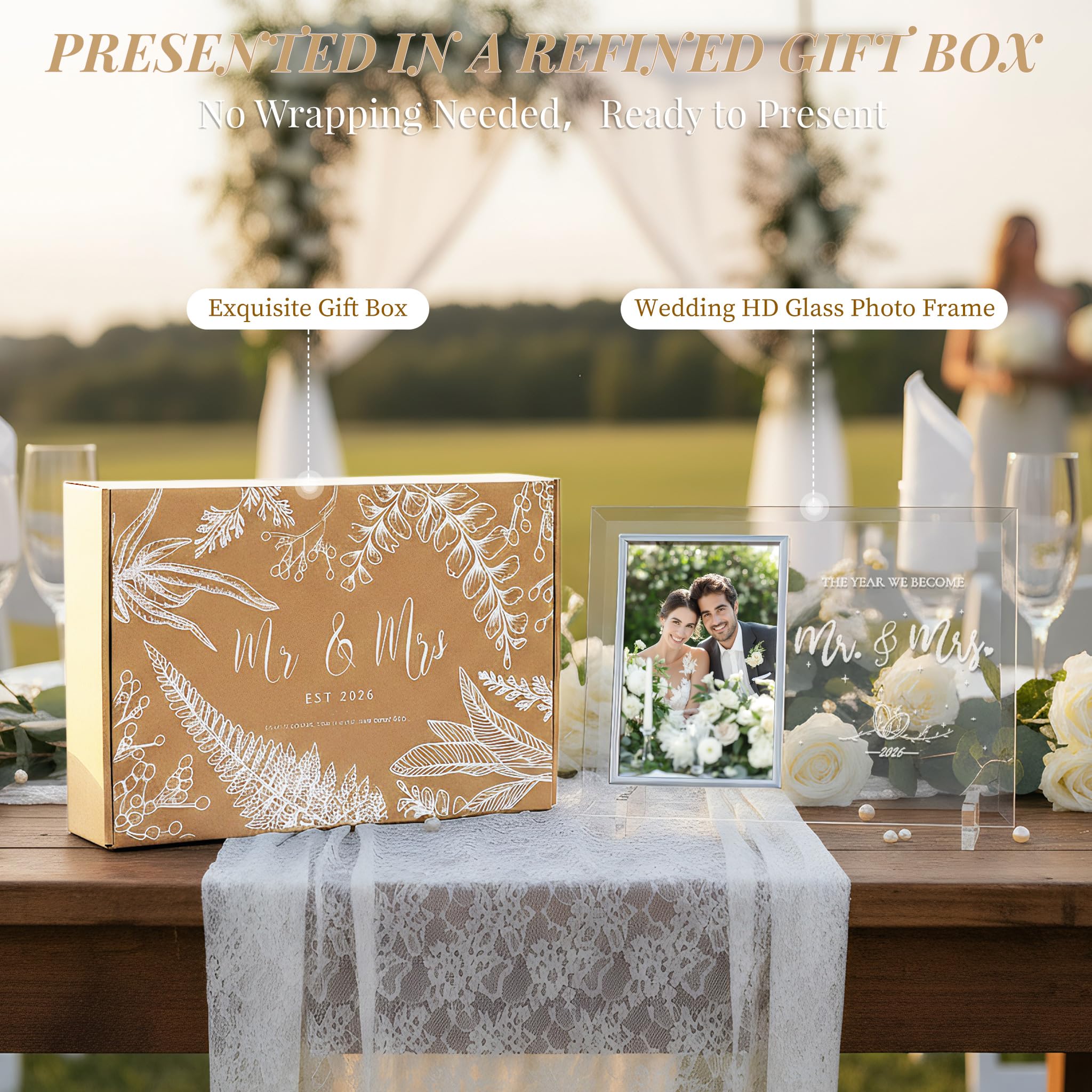 PIKPEOD Wedding Gifts for Couples 2026, Engagement Anniversary Mr and Mrs Presents for Newlyweds, Bridal Shower Gift for Bride to be, Personalized Glass Picture Frame 4x6 for His and Her