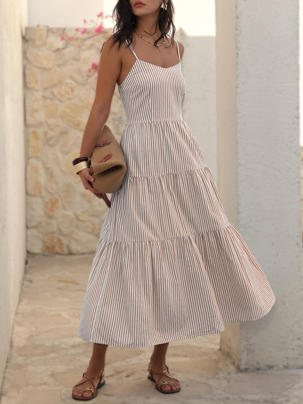ANRABESS Womens Summer Midi Dresses Casual Striped Plaid Sleeveless Flowy Maxi Dress 2026 Beach Vacation Sundress Light Brown White Stripe Mediun