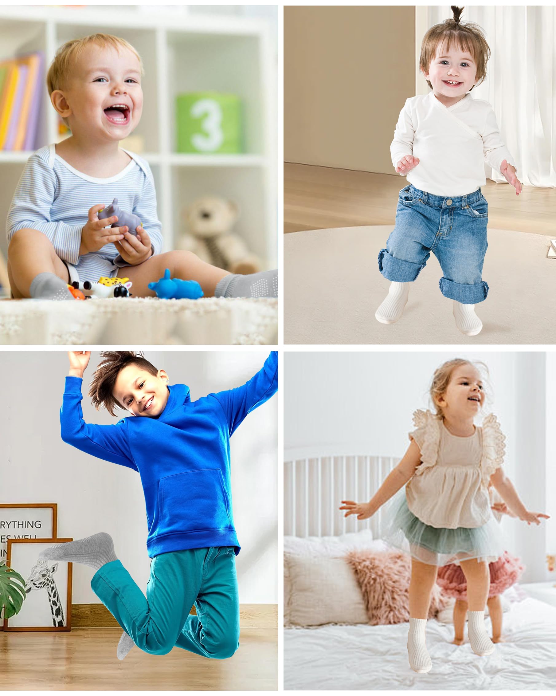 EUFANCE Toddler Grip Socks Non Slip Crew Cute Seamless Cotton Socks for Baby Boys Girls Infants Kids White 9 Pairs