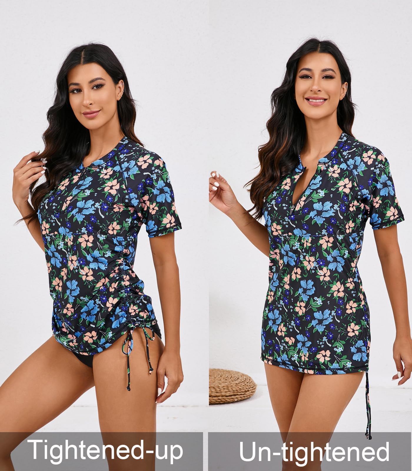 Halcurt Women's Short Sleeve Rash Guard Swim Shirt with Bra Half Zip Tie Drawstring UPF50+ Swimsuit Top Black Blue Yellow Flowers 2XL