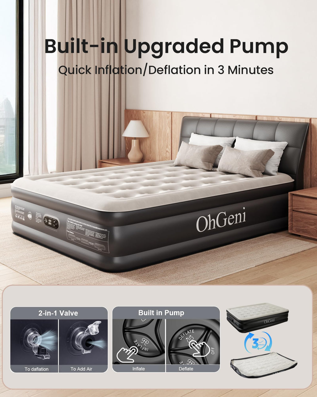 OhGeni Queen Air Mattress with Built in Pump, Inflatable Mattress Blow Up Mattress 18 Raised Comfort,Upgraded Surface Portable Bed, Air Bed for Home, Guest, Camping, Colchone Inflable, 650 lbs