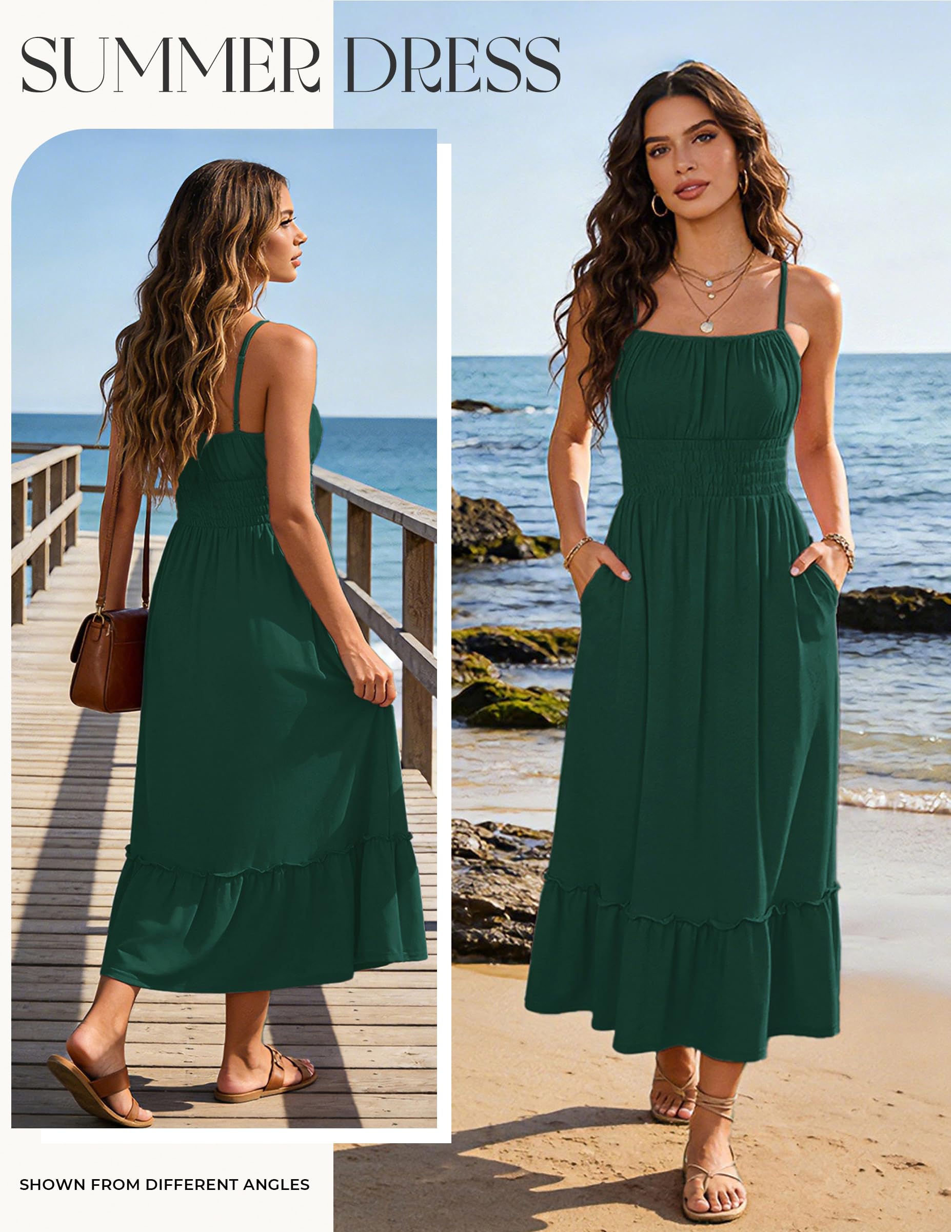 GRACE KARIN Women's Summer Maxi Dress 2026,Smocked Ruched Bust Sundress with Adjustable Straps & Pockets Green M