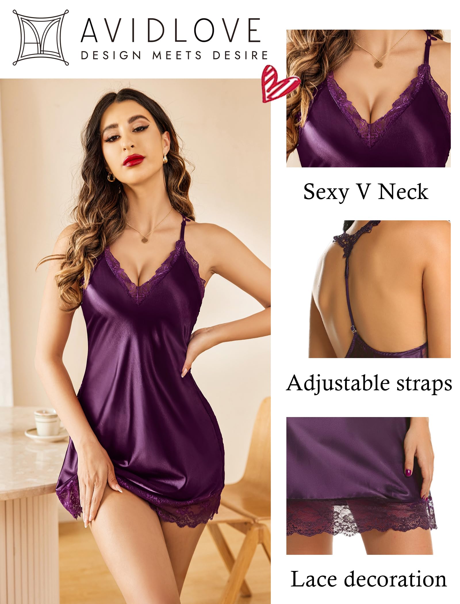 Avidlove Women Lingerie Satin Lace Chemise Nightgown Sexy Full Slips Sleepwear (Large, Dark Purple)