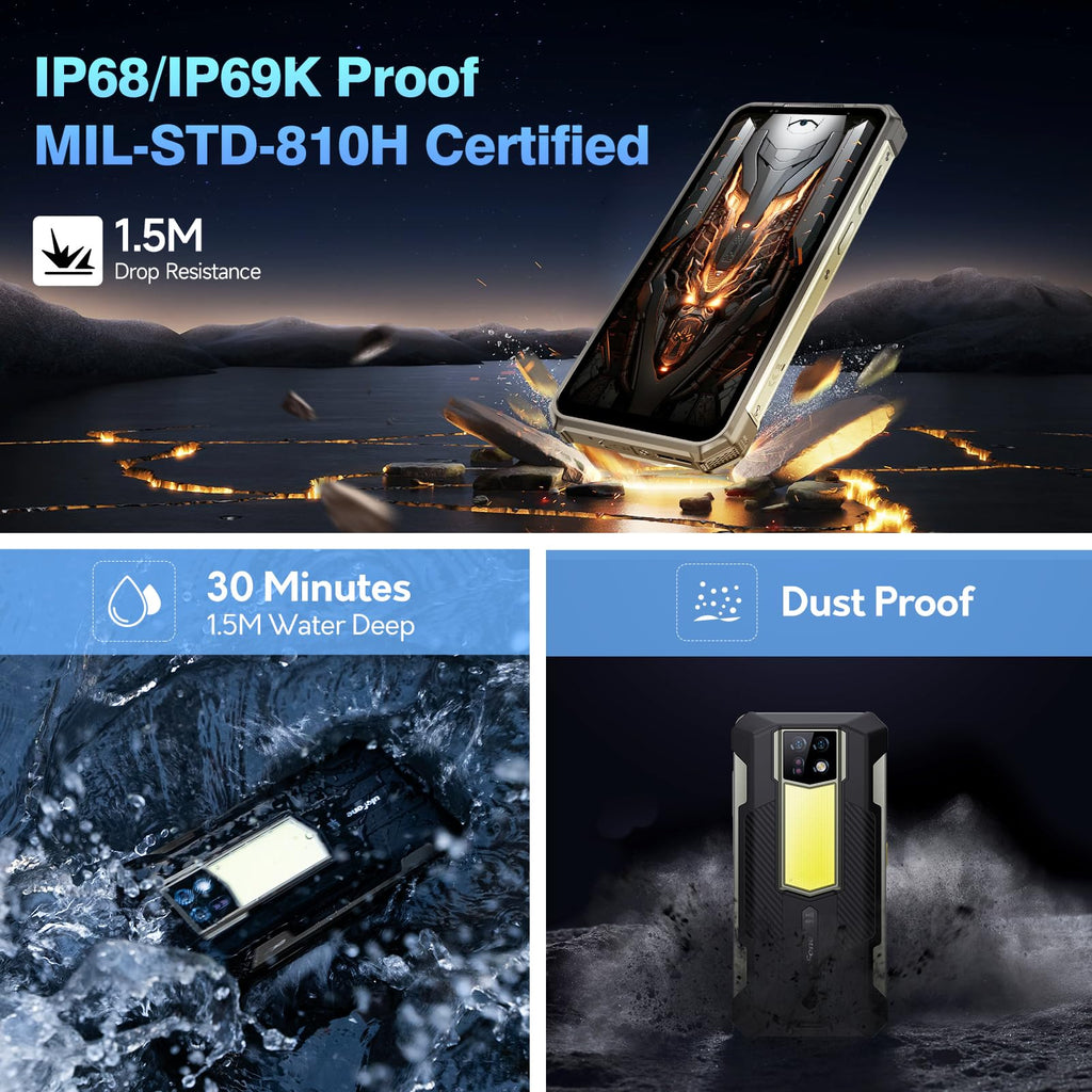 Ulefone Armor 24 22000mAh Mega Battery Unlocked Rugged Phone, Camping Light, 24GB RAM +256GB ROM, 6.78" FHD+120Hz Screen, 64MP Main Camera + 64MP Night Vision Camera, Android 14 Rugged Smartphone NFC