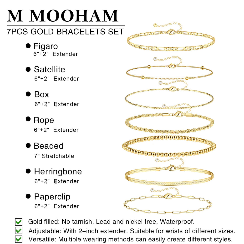 M MOOHAM Gold Bracelets for Women - Dainty 14K Gold Plated Layered Beaded Bracelet Stack Paperclip Snake Rope Figaro Box Satellite Chain Bracelets for Women Non Tarnish Jewelry Mothers Day Gifts