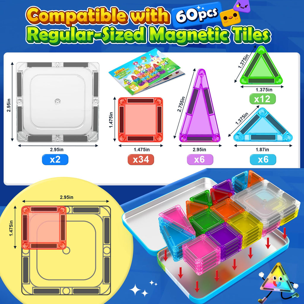 Soyee Mini Magnetic Tiles 60PCS Toddler Kids Toys Travel Set with Metal Tin Case, Portable STEM Building Blocks Kids Toy for 3 4 5 6 7 8 Year Old Boys & Girls, Educational Toddler Kids