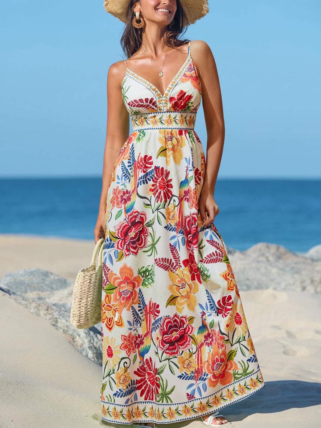 CUPSHE Women's Summer Dresses Casual Spring V Neck Sleeveless Floral Beach Vacation Long Spaghetti Strap Flowy Maxi Wedding Guest Dress Red Floral, M