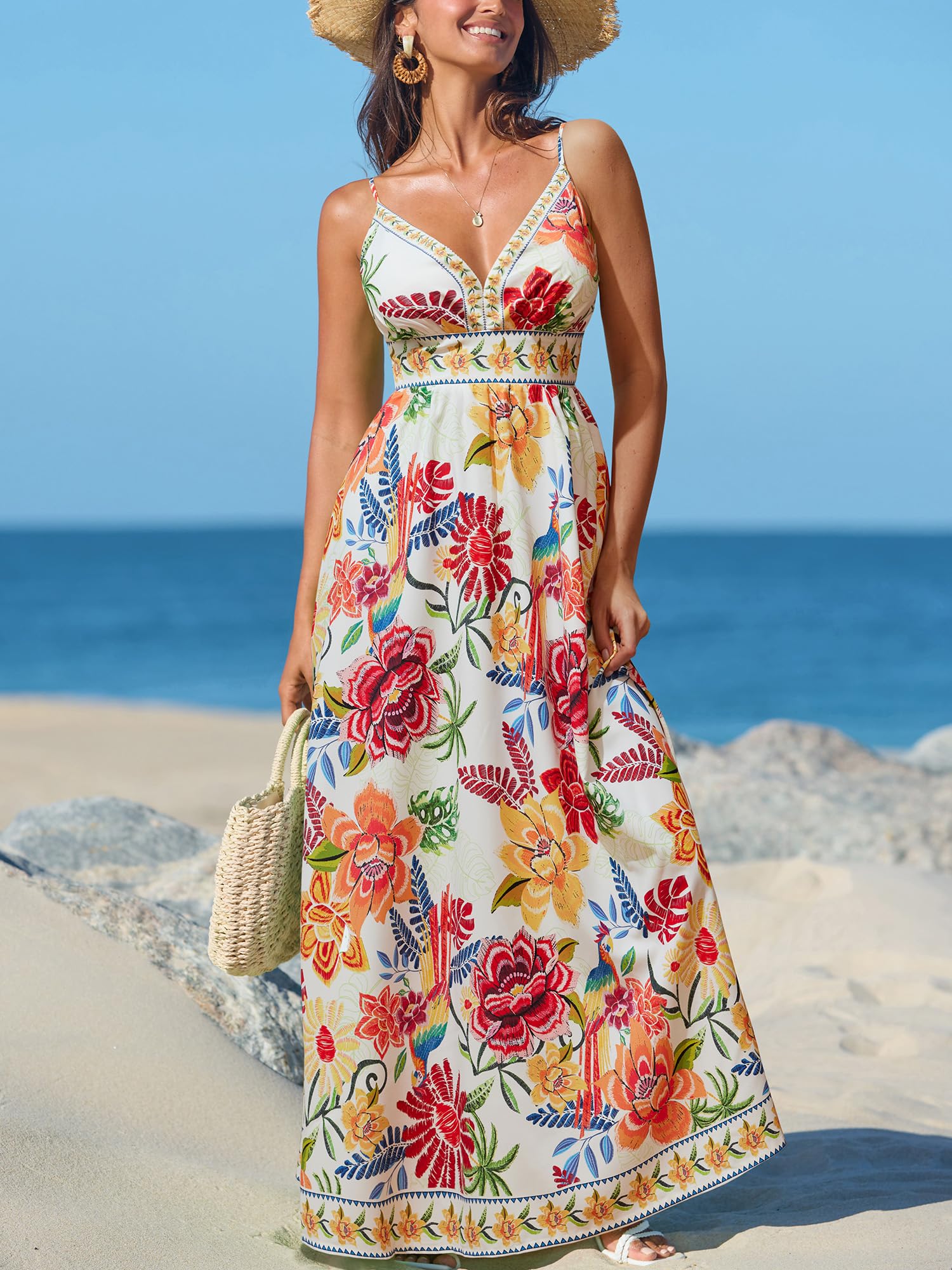 CUPSHE Women's Summer Dresses Casual Spring V Neck Sleeveless Floral Beach Vacation Long Spaghetti Strap Flowy Maxi Wedding Guest Dress Red Floral, M